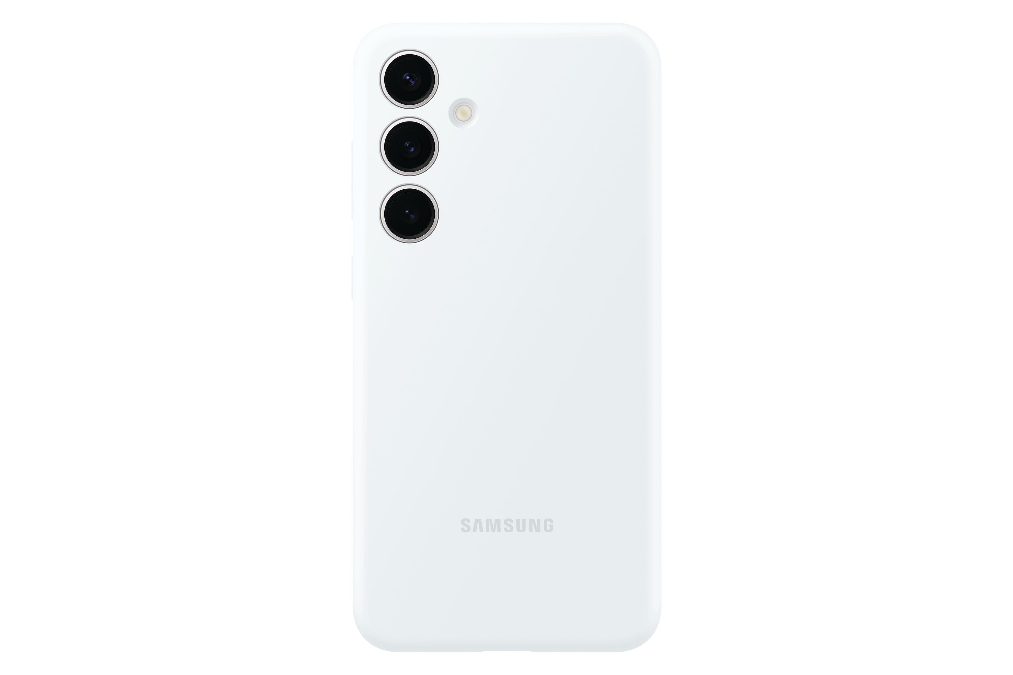 Witte telefoonhoes met drie camera-uitsparingen en het Samsung-logo.