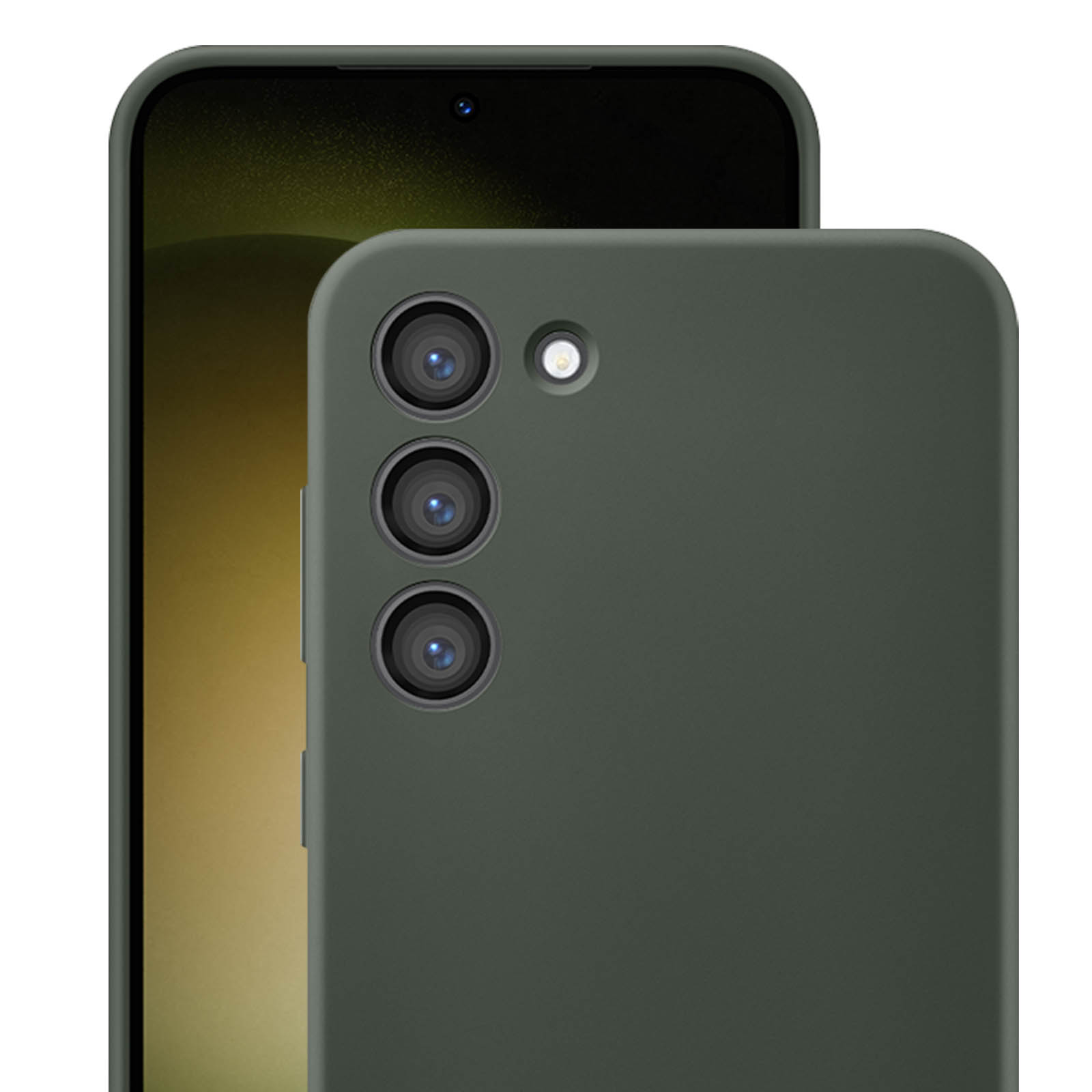 Dunkelgrünes Smartphone. Dreifach-Kamerasystem auf der Rückseite und eine Frontkamera.