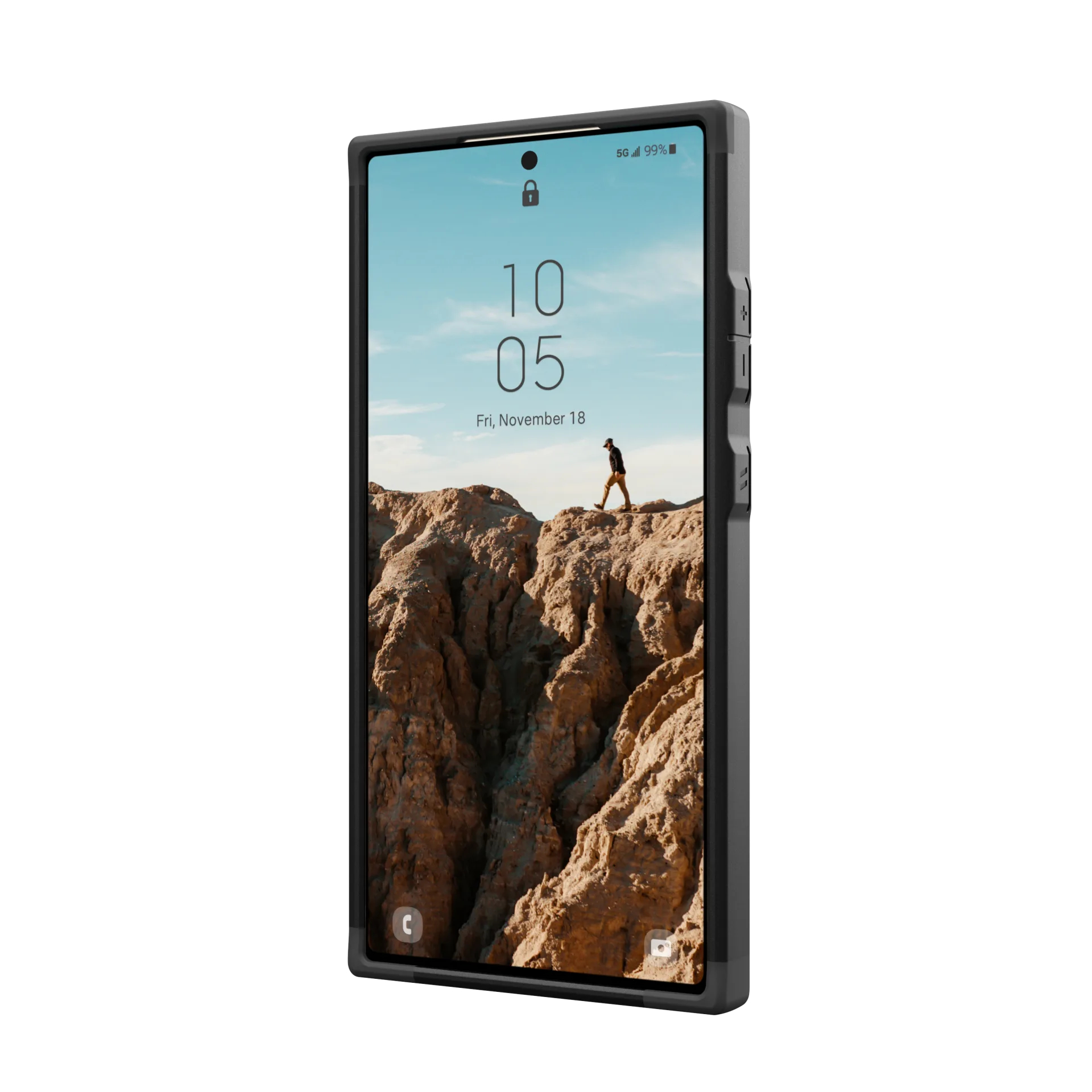 Telefoon in een hoes met een berglandschap op het scherm. De telefoon heeft een zwart frame.