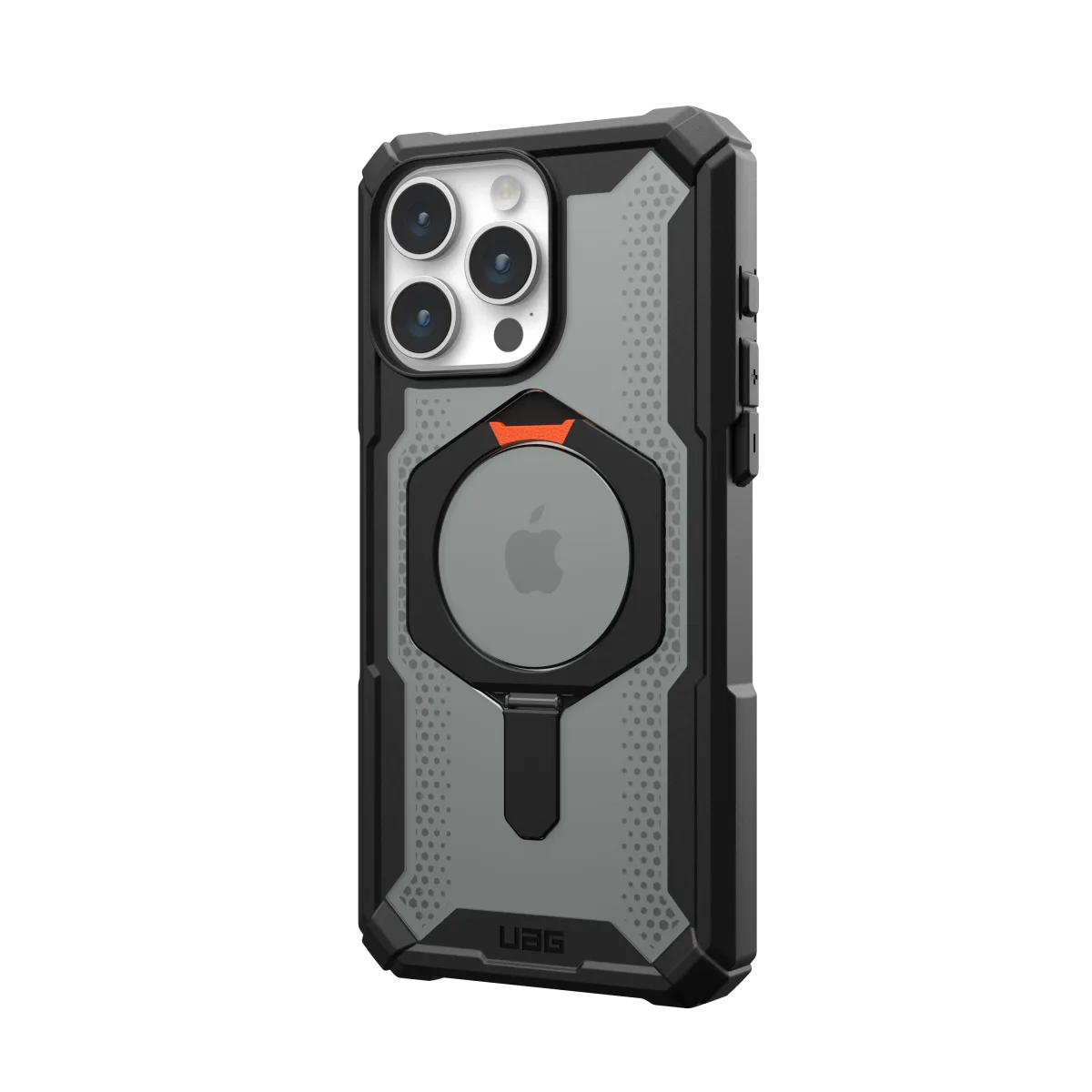 Una funda de teléfono negra con parte trasera gris texturizada y un anillo rojo.