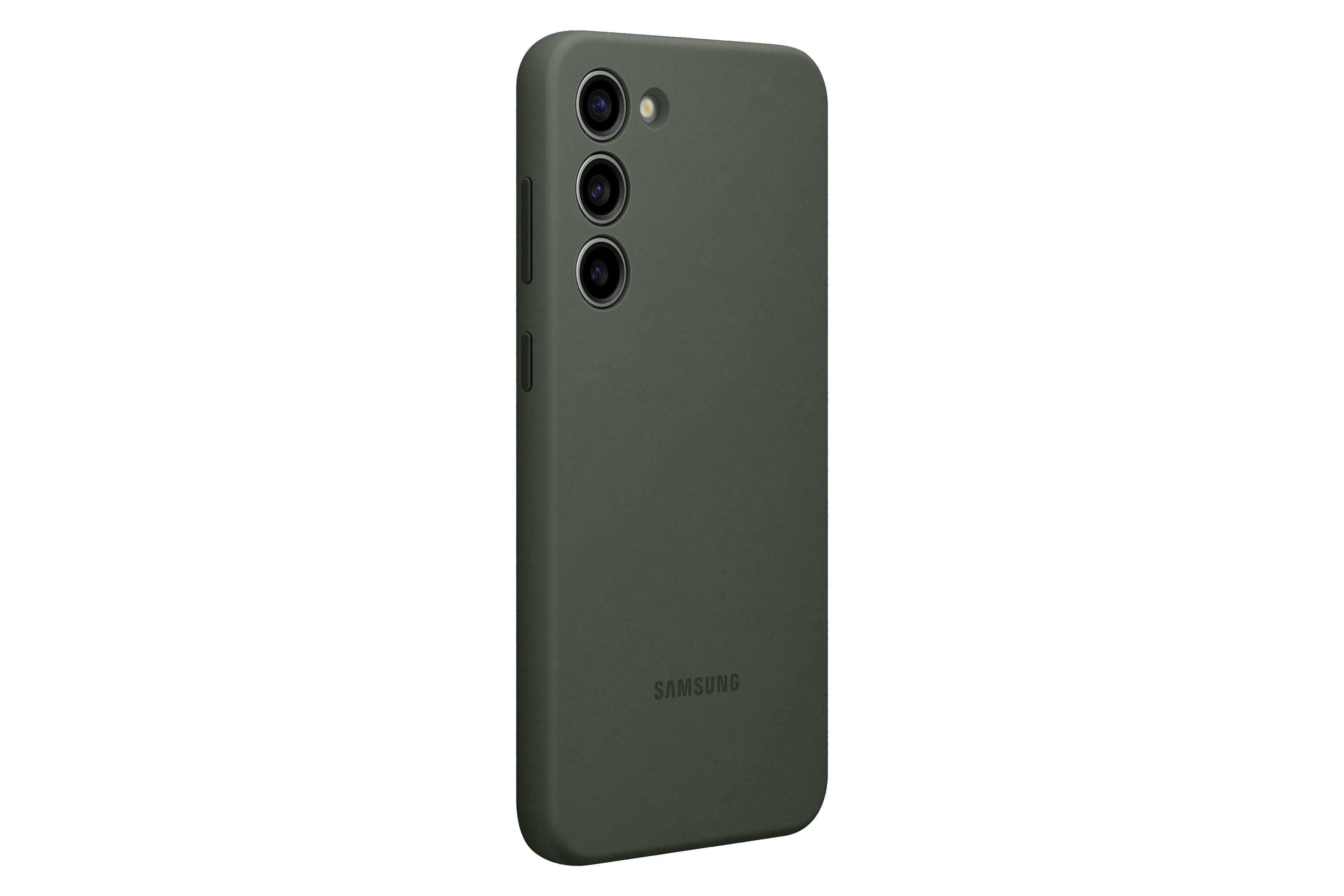 Grüne Handyhülle für ein Samsung, mit Kameraausschnitten, auf weißem Grund.