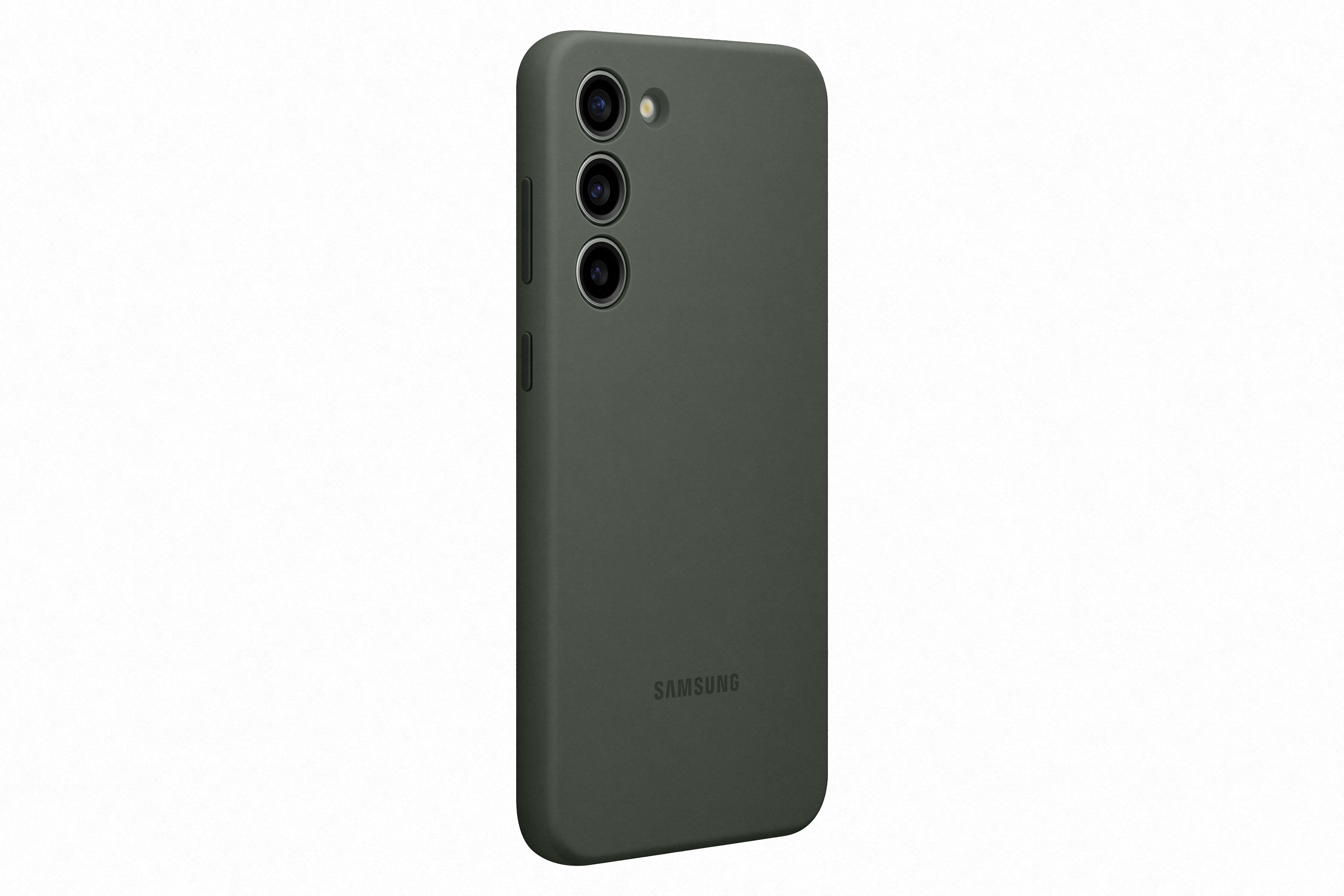Eine dunkelgrüne Samsung-Handyhülle mit drei Kameras auf der R ückseite wird gezeigt.