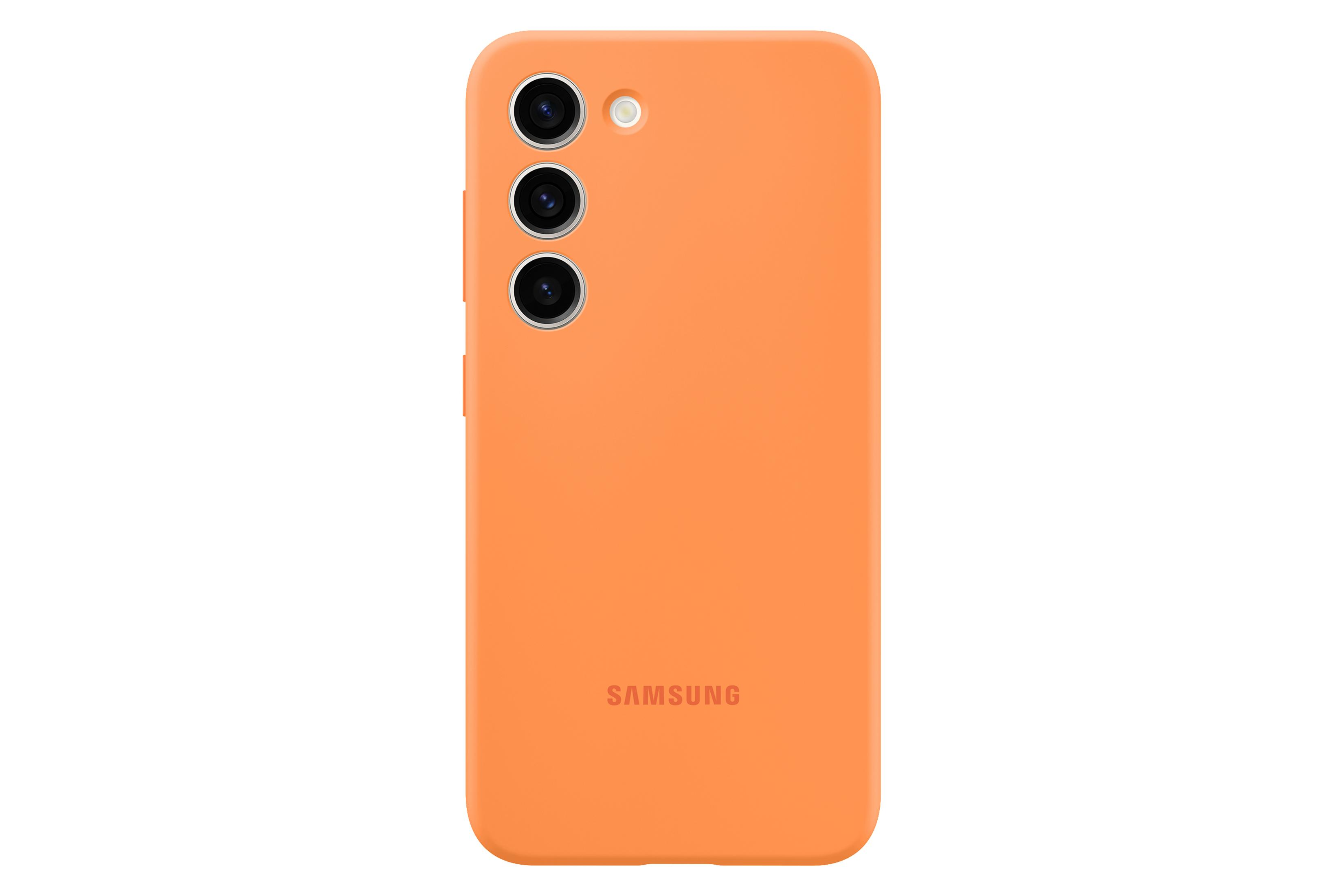 Orangene Handyhülle. Samsung-Logo unten. Drei Kameralöcher und ein Knopf.