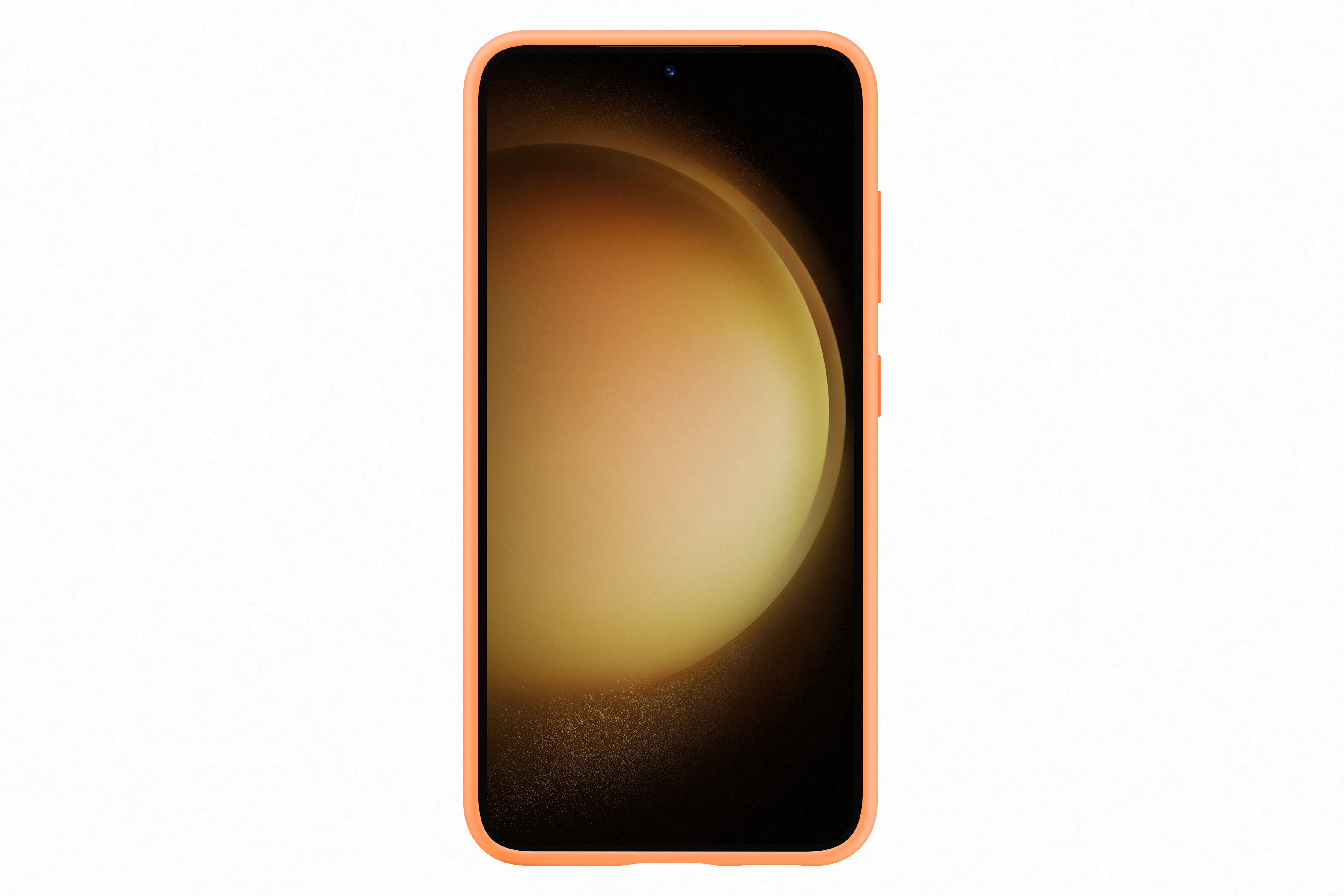 Telefon in orangefarbener Hülle. Display zeigt ein goldgelbes, abstraktes Design.