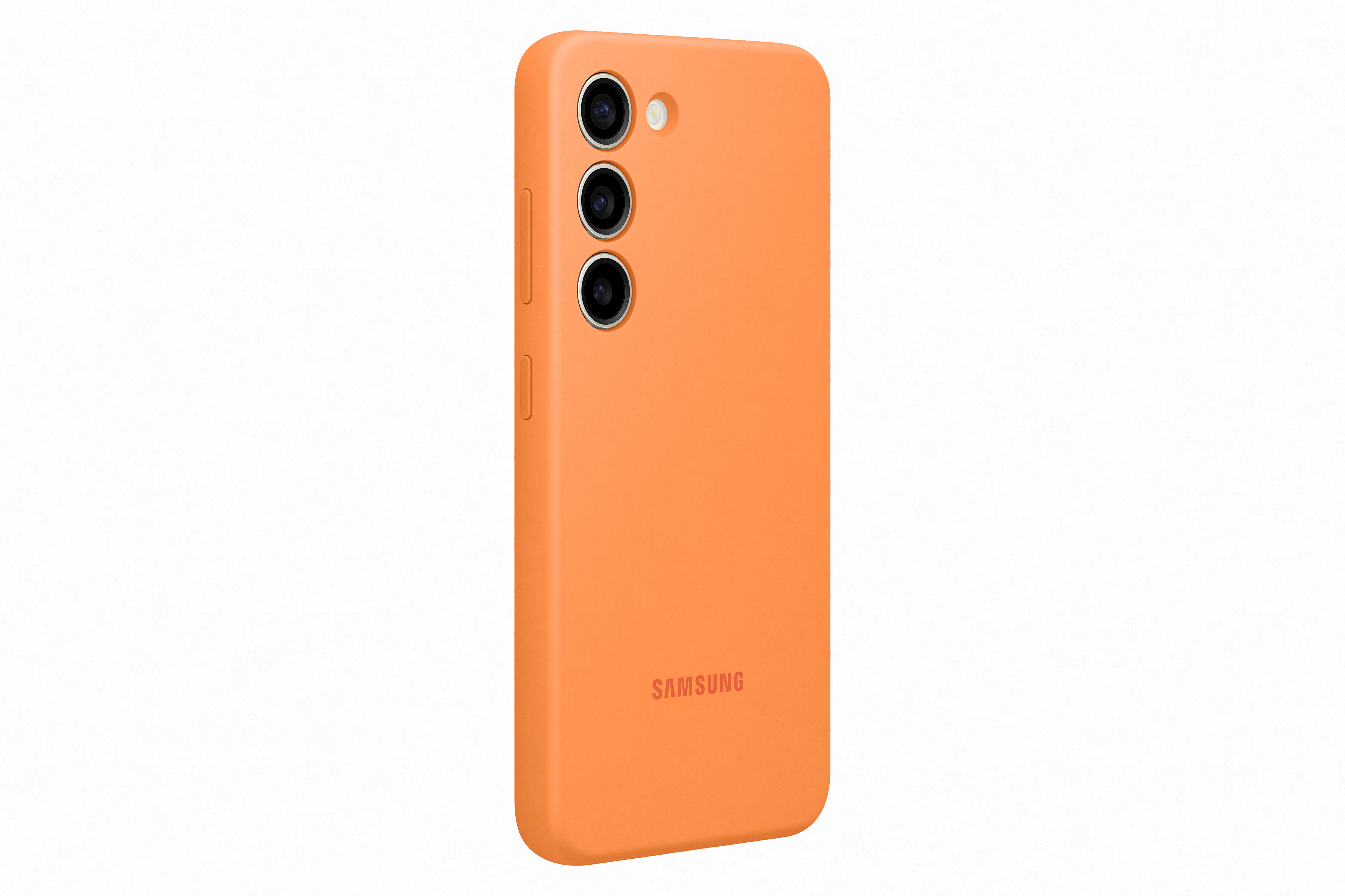 Orangene Handyhülle. Samsung-Logo unten. Drei Kameralöcher und ein Knopf.