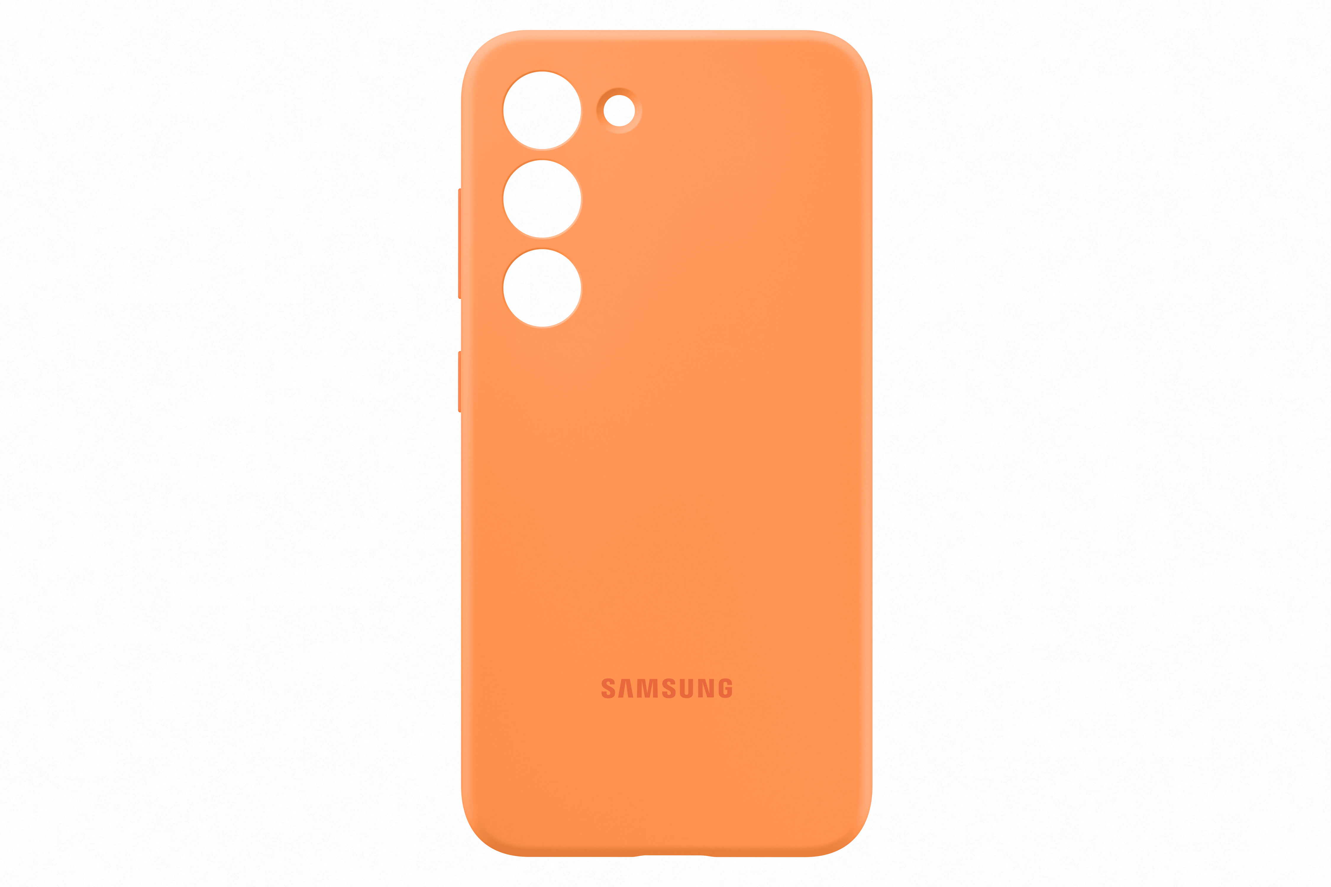 Orangene Handyhülle. Samsung-Logo unten. Drei Kameralöcher und ein Knopf.