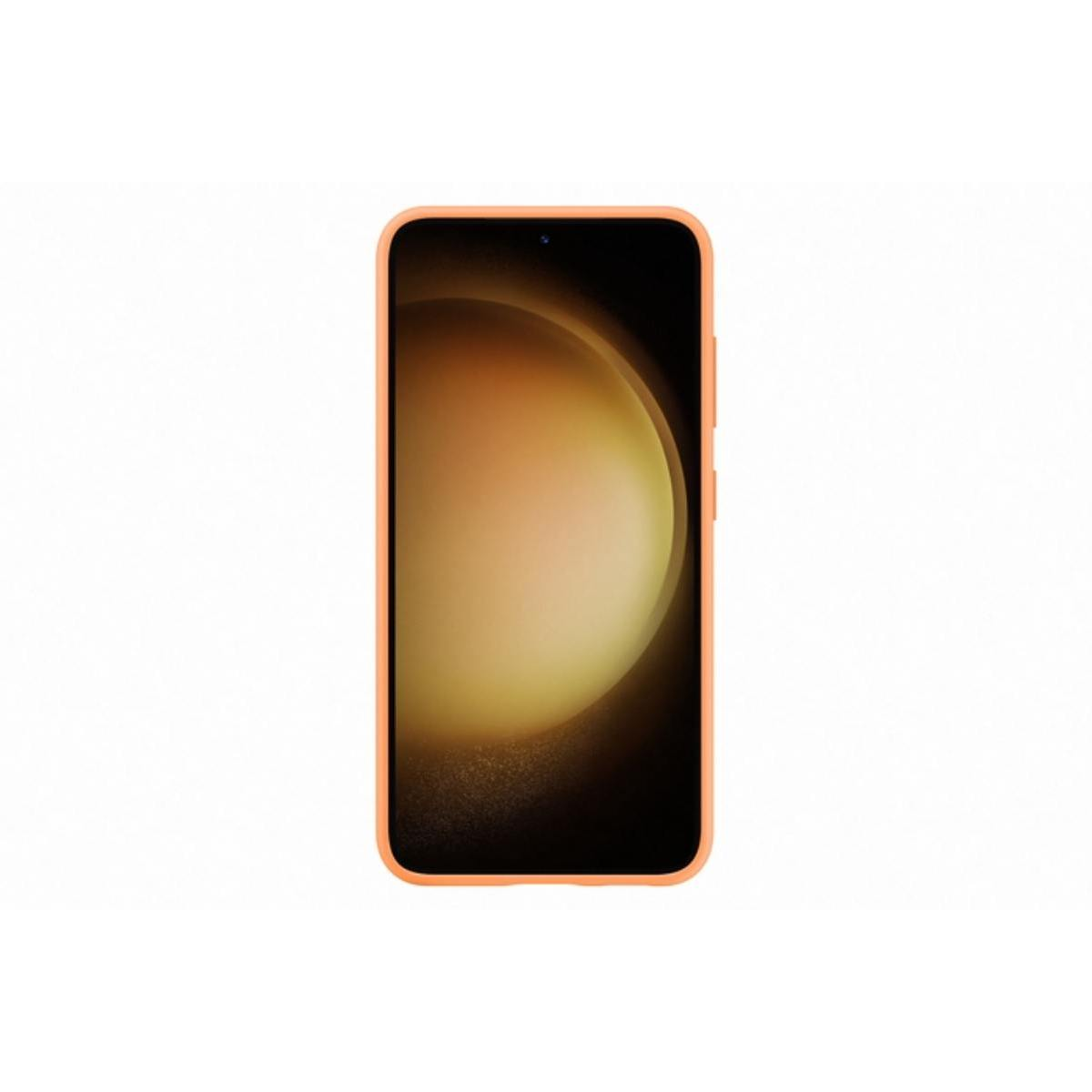 Telefon in orangefarbener Hülle. Display zeigt ein goldgelbes, abstraktes Design.