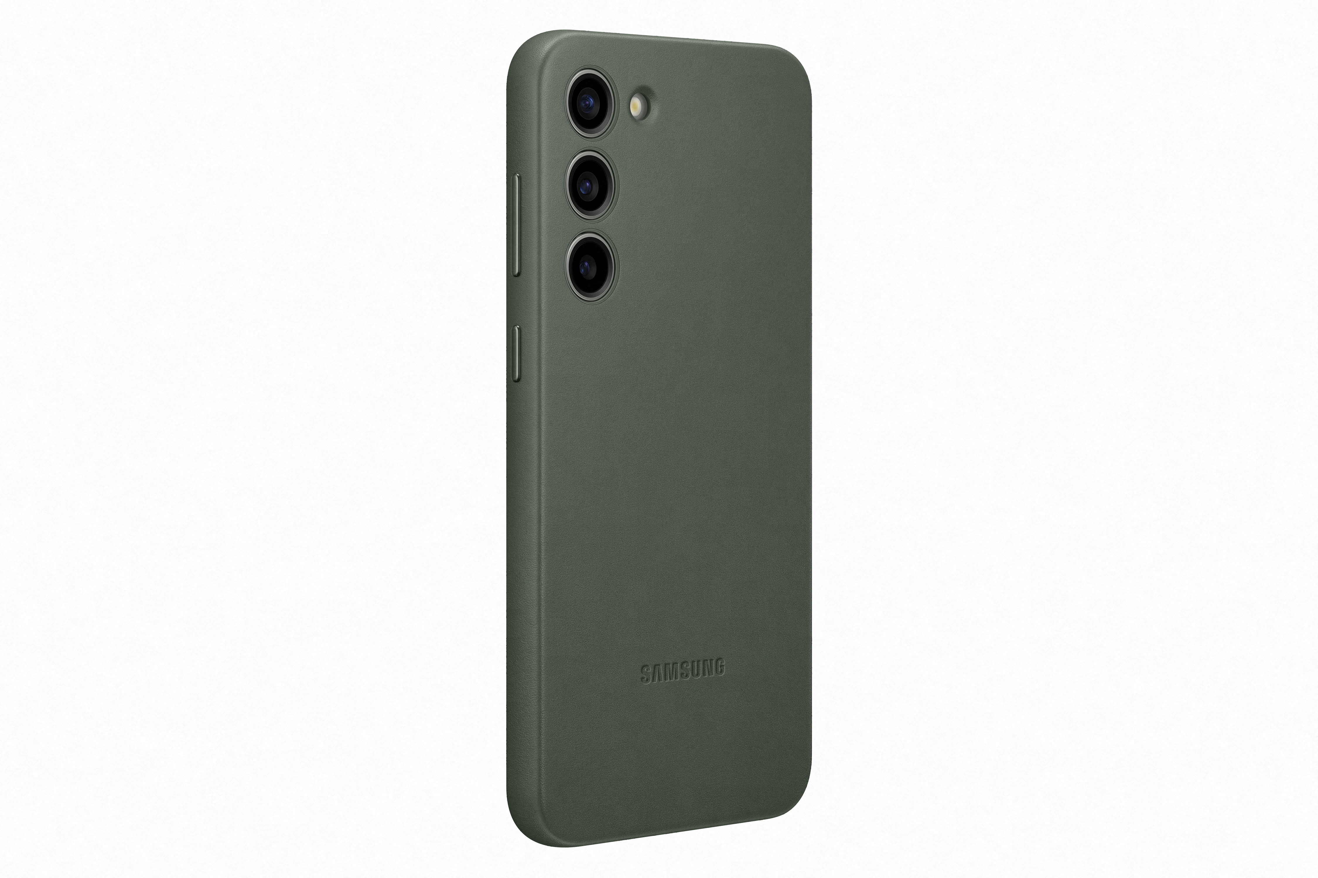 Una custodia verde oliva per un telefono Samsung, con tre obiettivi della fotocamera.