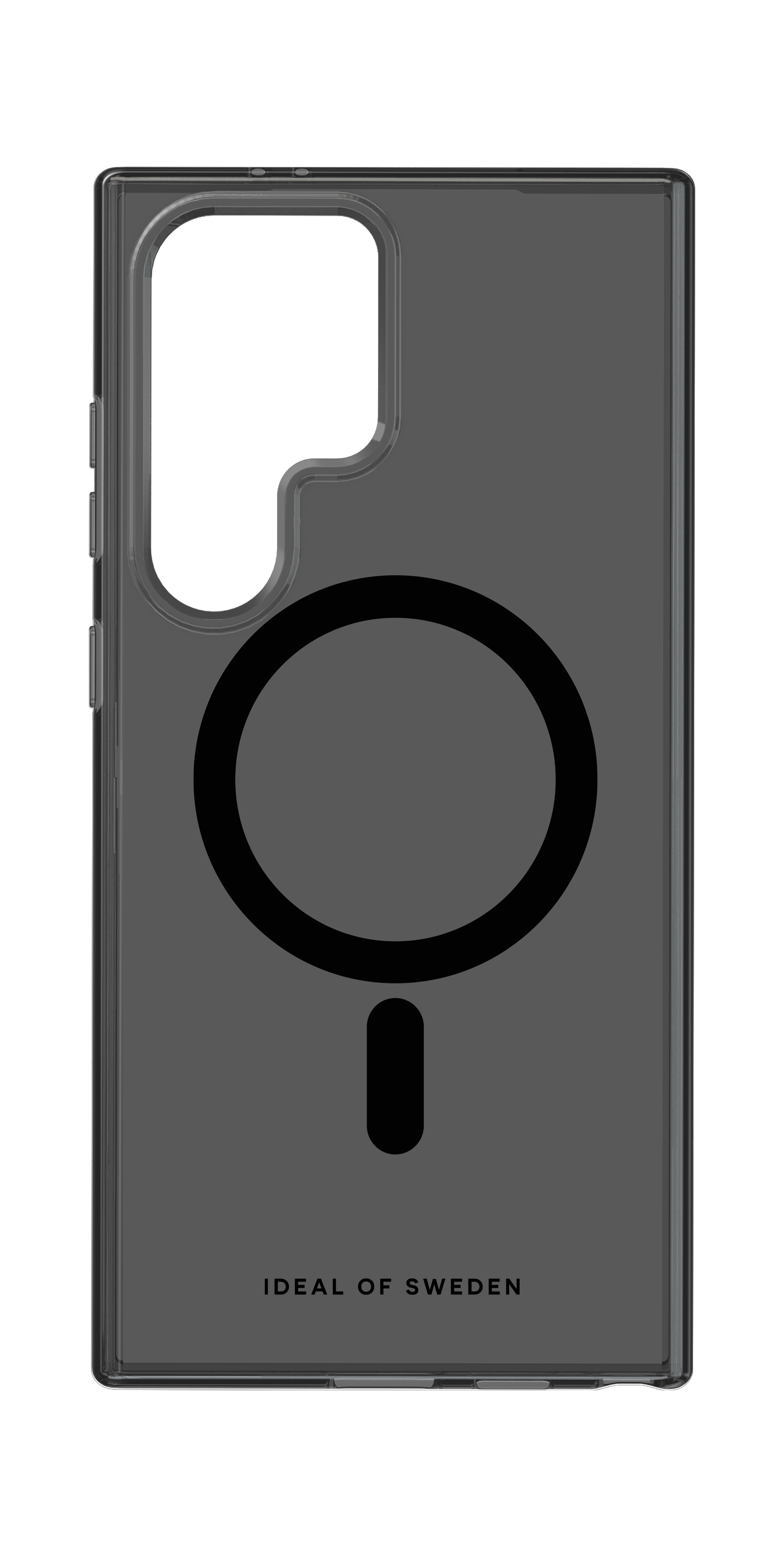 Transparente Handyhülle mit schwarzem, kreisförmigem MagSafe-Design auf der Rückseite.