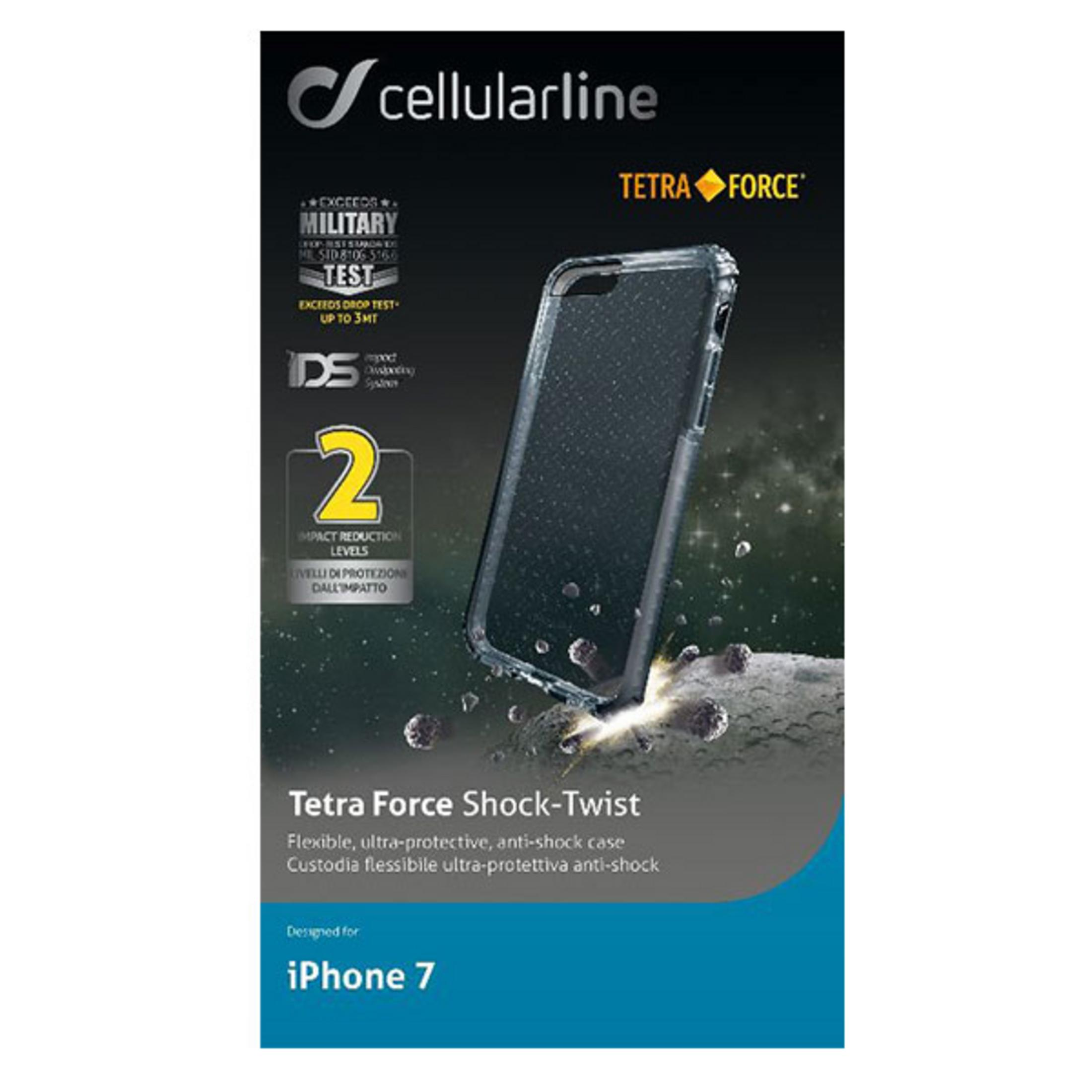 Confezione della custodia per telefono Cellularline Tetra Force. Testo e immagine su sfondo blu.