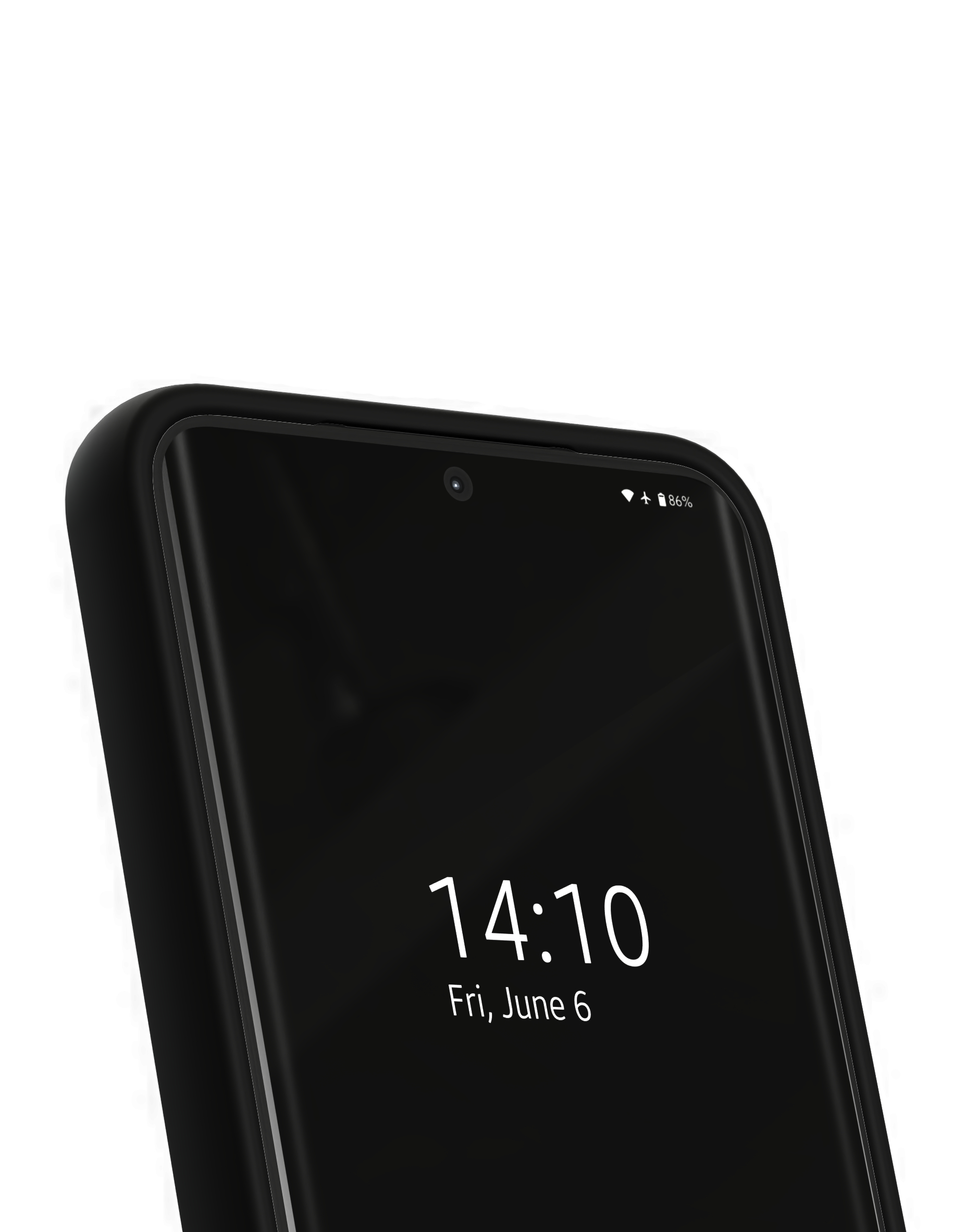 Nahaufnahme eines schwarzen Telefons mit schwarzem Gehäuse. Der Bildschirm zeigt 14:10, Fr, 6. Juni.