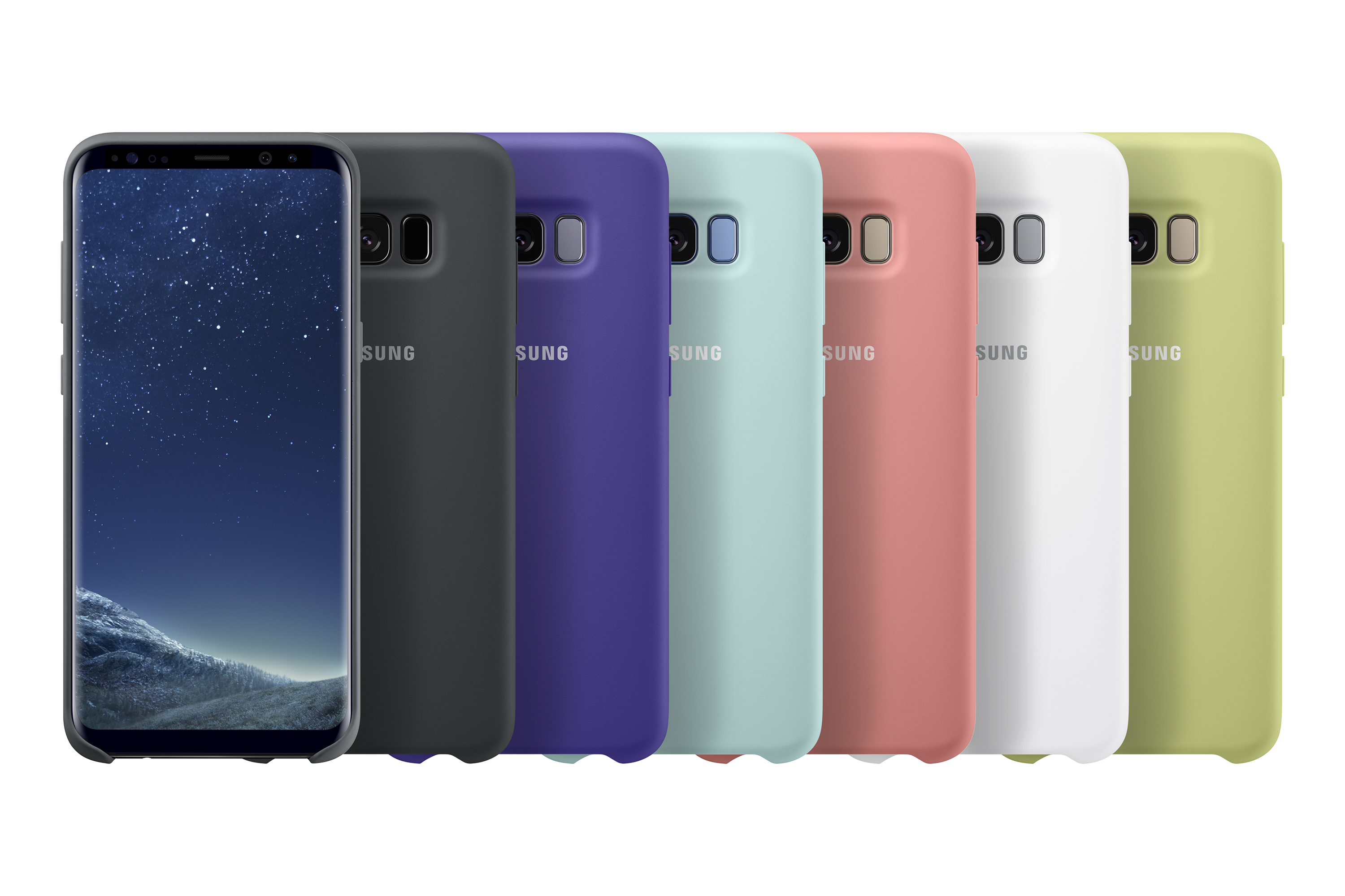 Gamma di custodie per telefoni colorate. Le custodie sono nere, grigio scuro, viola, blu, rosa, bianche e verdi.