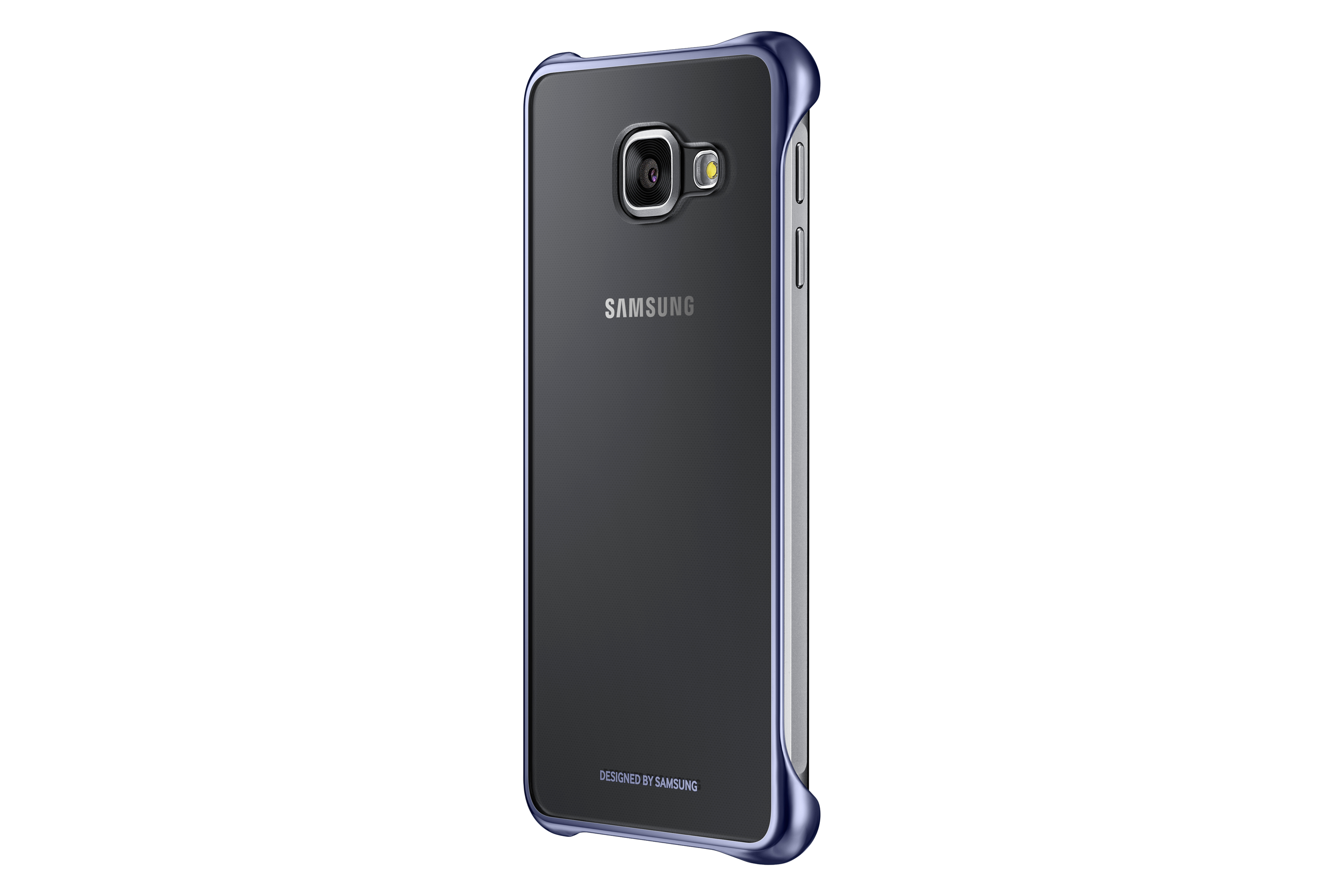 Telefono in custodia trasparente con bordi blu, vista angolata, logo Samsung visibile.