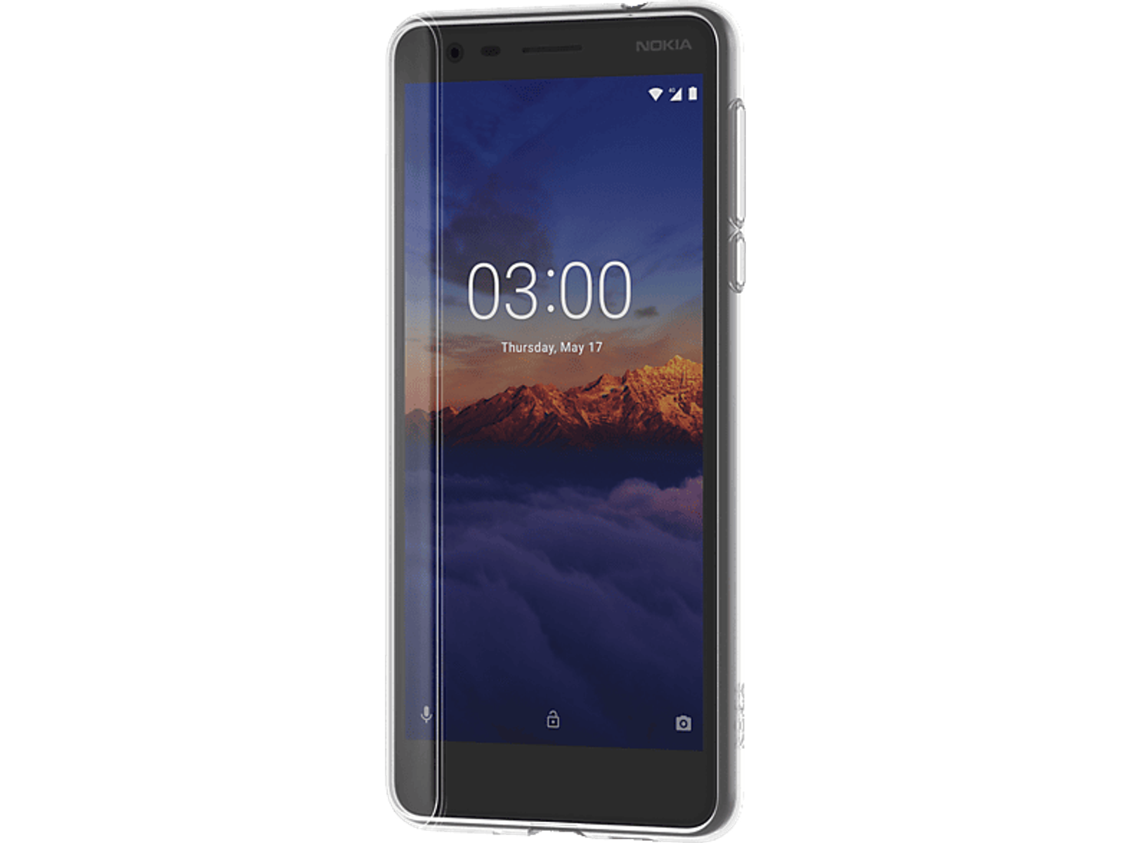 Telefon Nokia w przezroczystym etui, wyświetlający godzinę 03:00. Na czarnym tle.