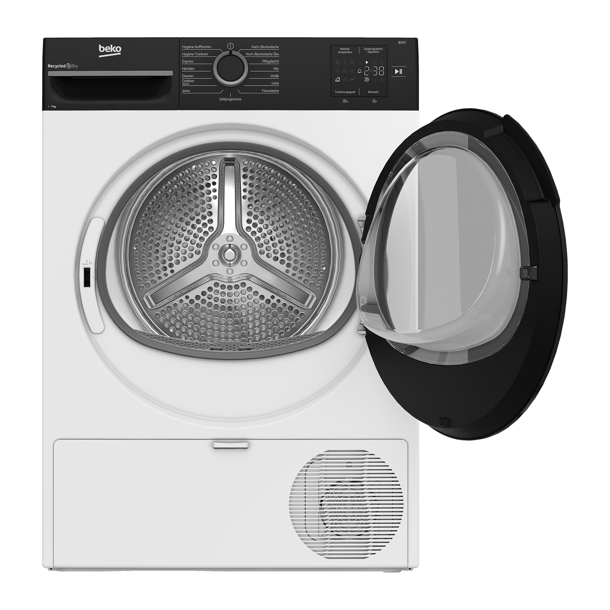 Weißer Beko Trockner mit offener Tür, Innenansicht, vor weißem Hintergrund.