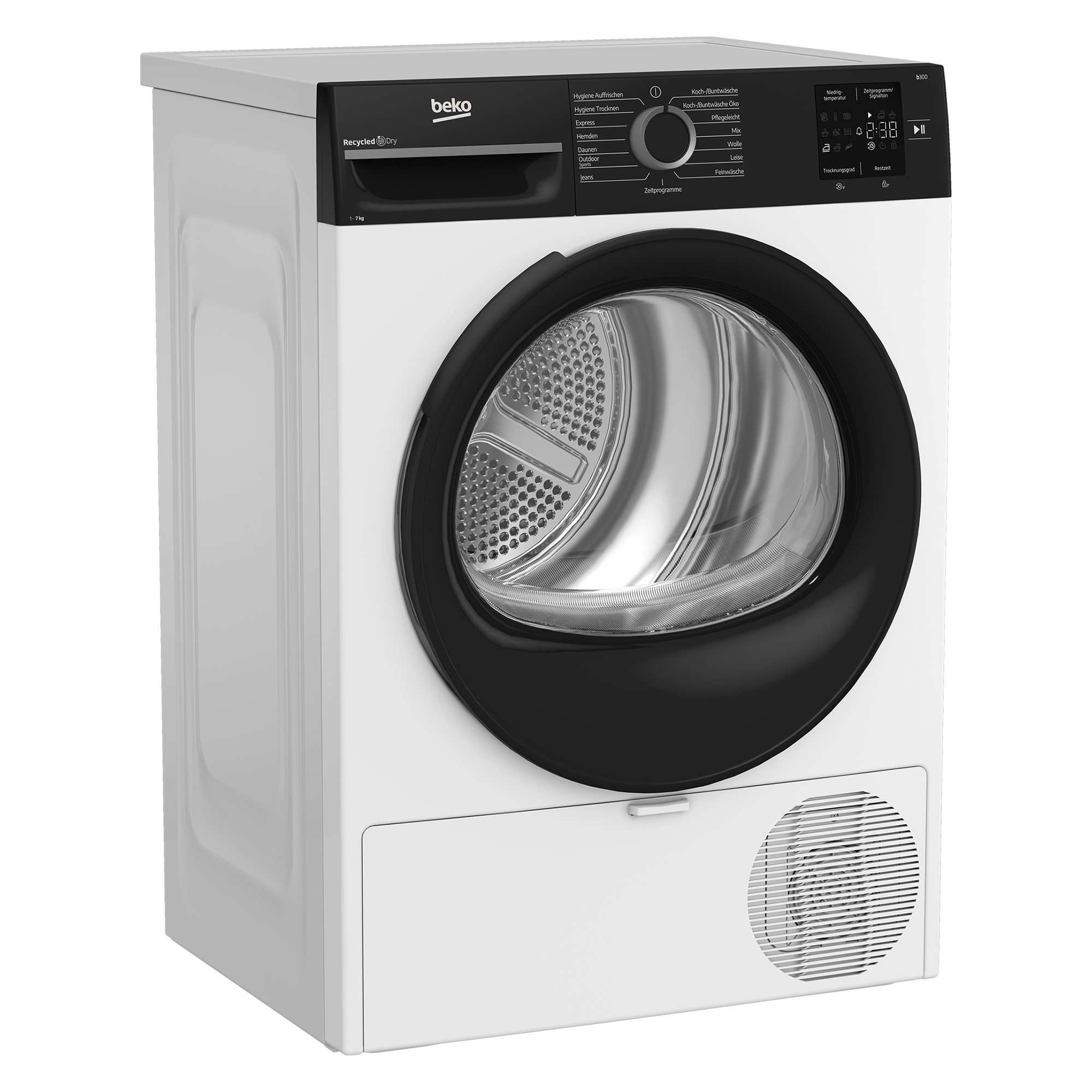 Eine weiß-schwarze Waschmaschine mit einer schwarzen, kreisförmigen Tür und einem Bedienfeld.