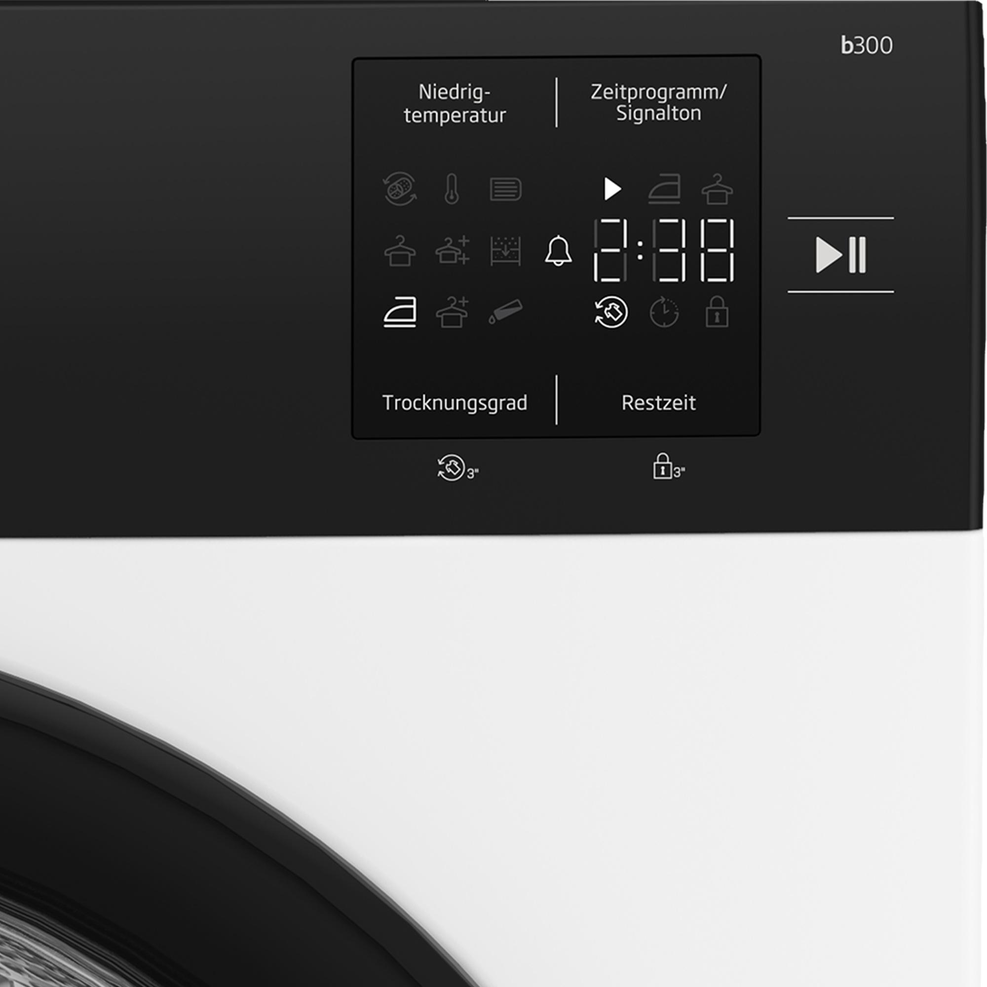 Ein schwarzes Waschmaschinen-Bedienfeld mit Symbolen und einer Digitalanzeige mit 2:38. Weißer Hintergrund.