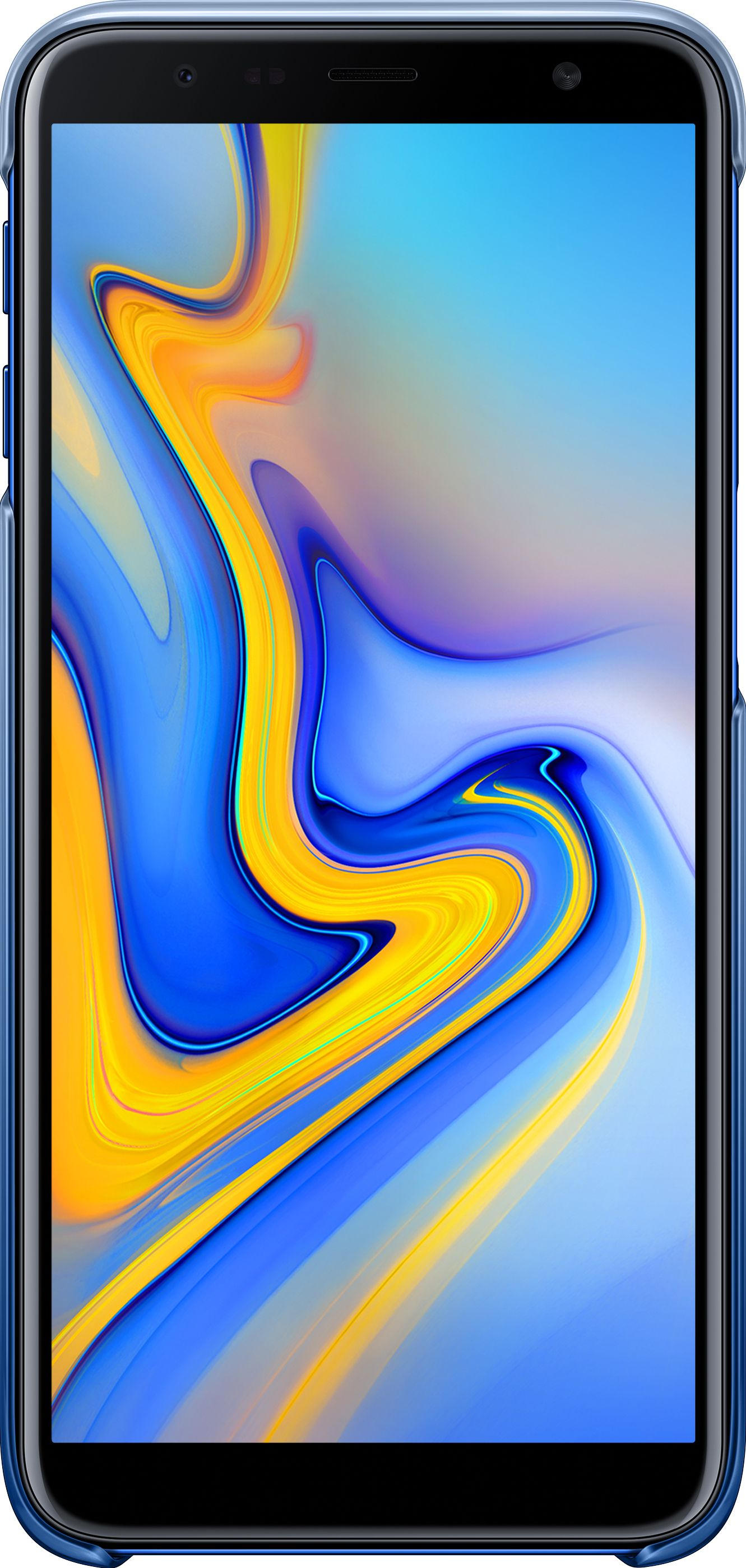 Uno smartphone blu e giallo con fotocamera in alto e cornice blu.