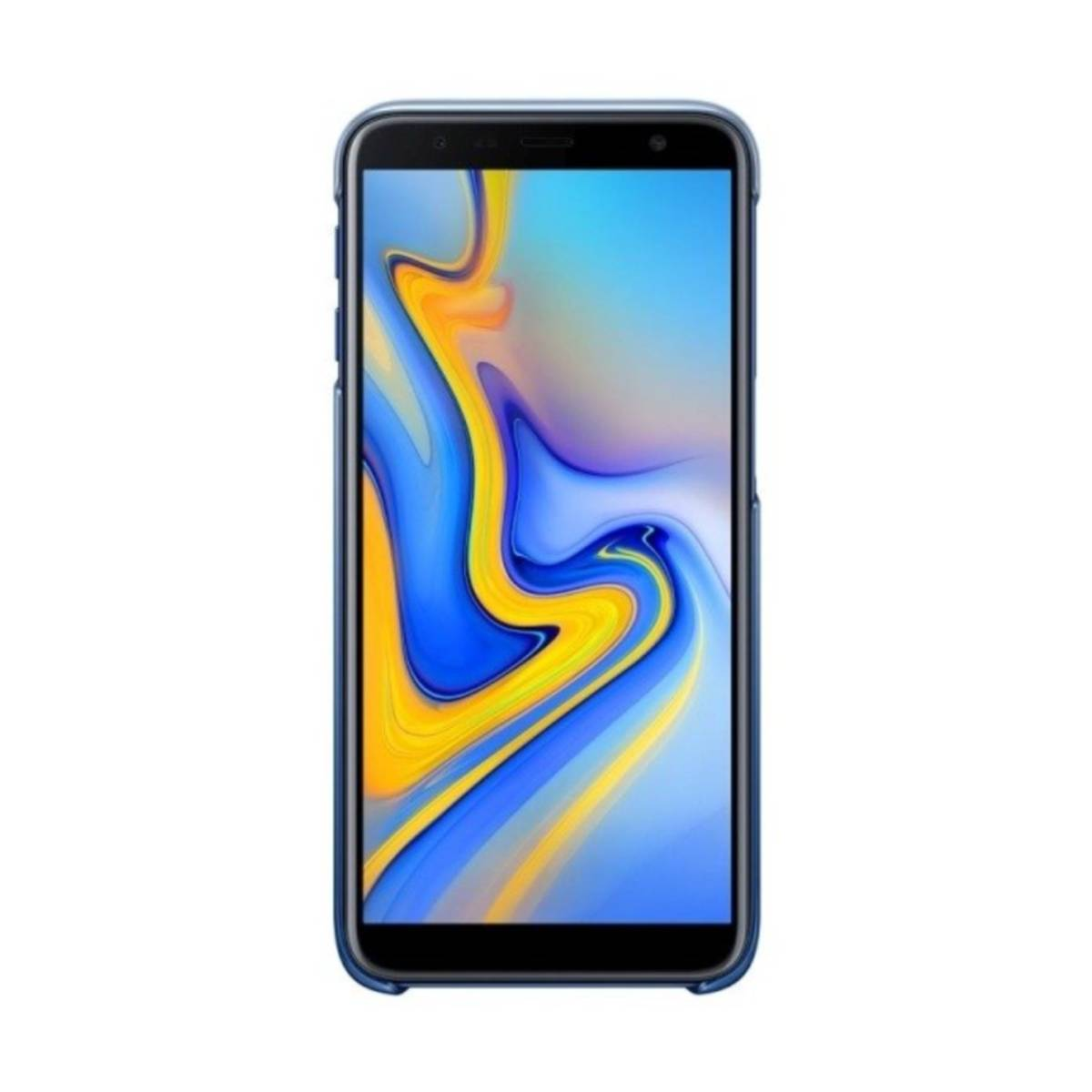 Smartphone blu in una custodia blu, schermo acceso.