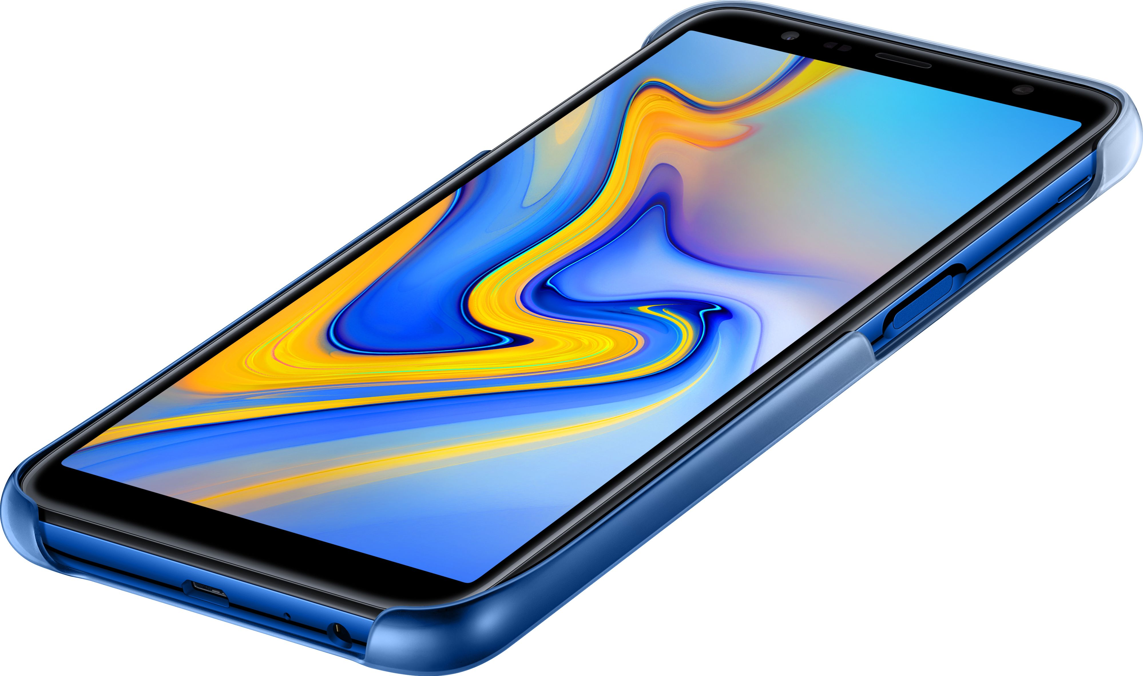 Custodia blu per telefono su un telefono. Lo schermo del telefono ha un design blu e giallo.
