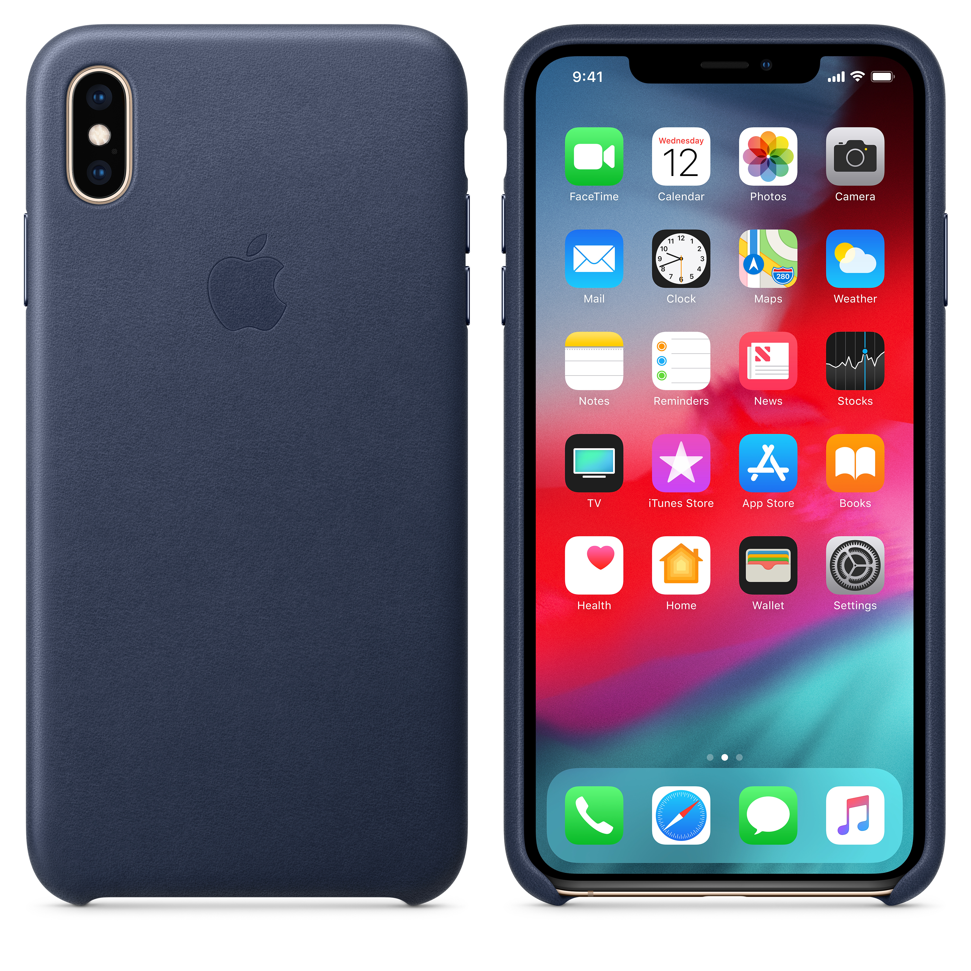 A dark blue iPhone X with a leather case. The phone shows the home screen with app icons.