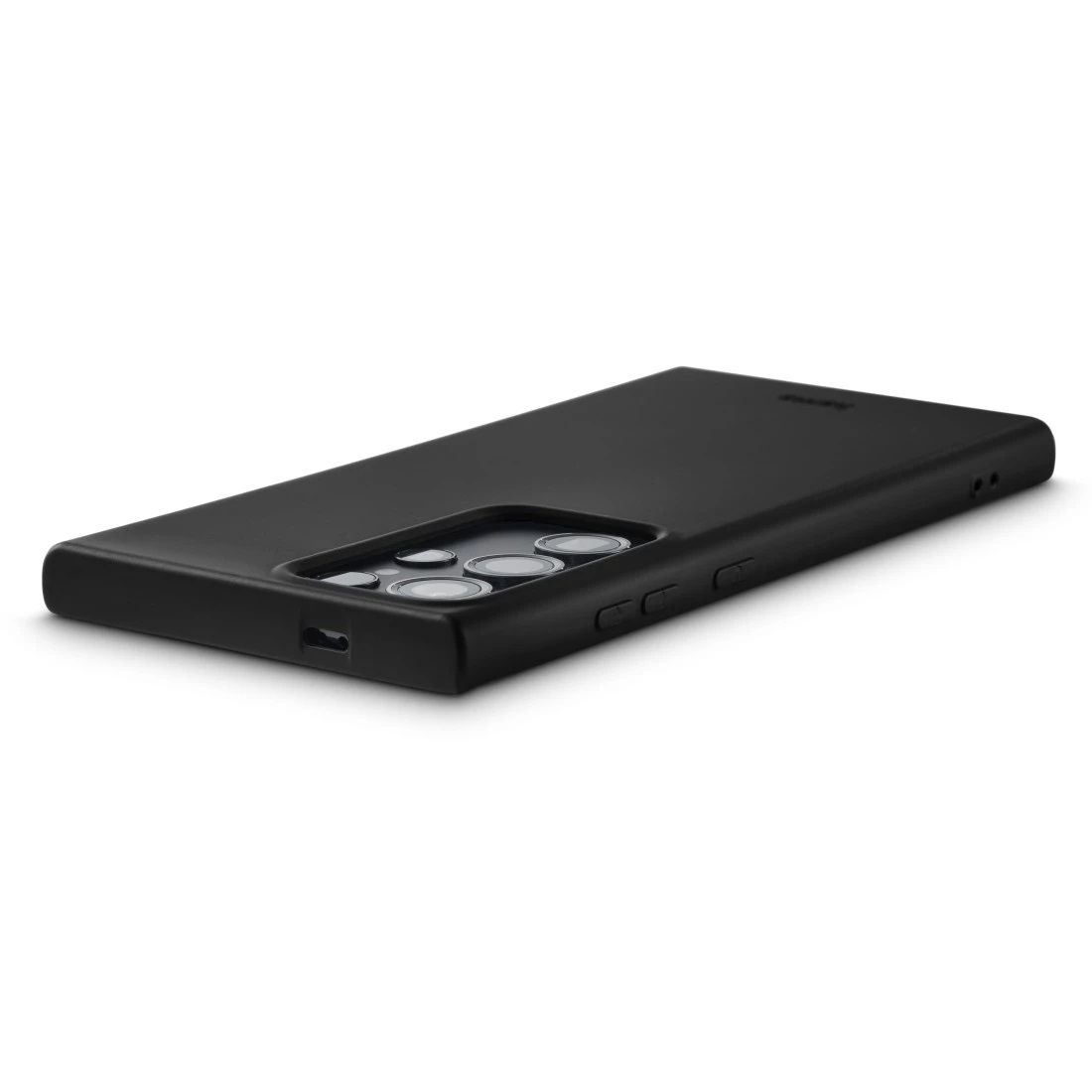 Coque de téléphone noire avec découpes pour la caméra.