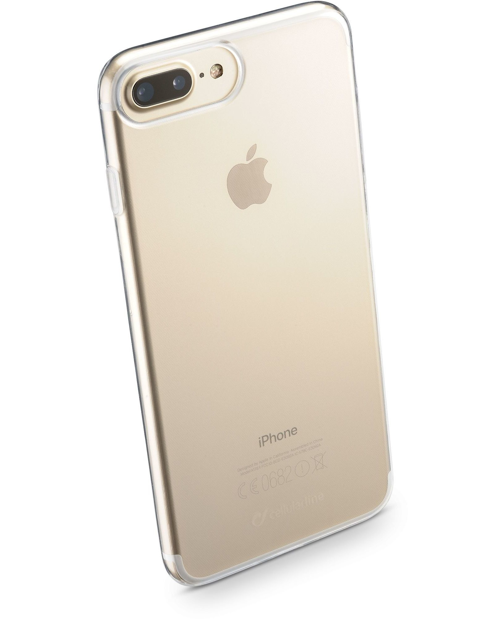 Un iPhone dorato in una custodia trasparente, il retro del telefono è visibile.