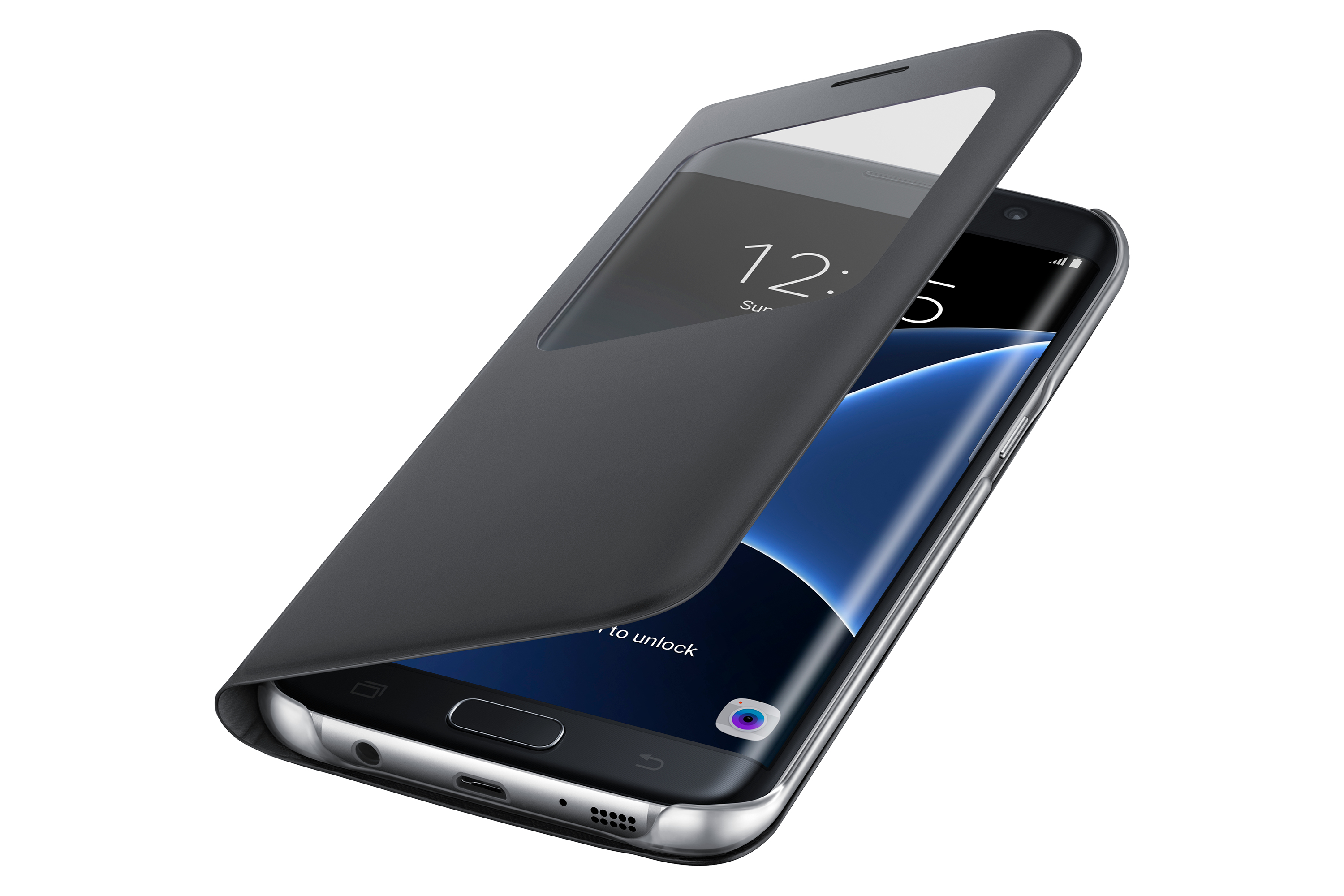 Schwarzes Telefon mit offenem Case, zeigt den Bildschirm. Weißer Hintergrund.
