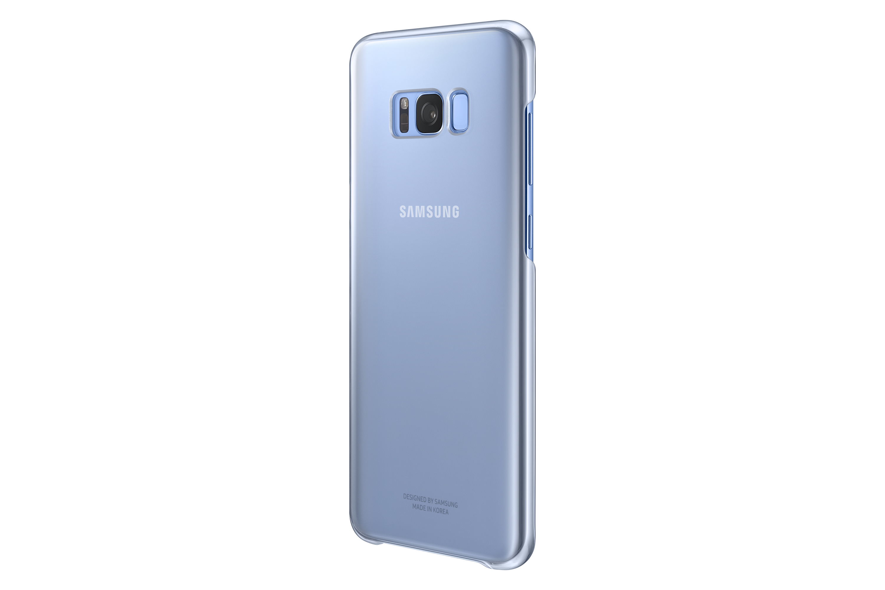Teléfono Samsung azul, funda transparente. Cámara y logo Samsung visibles.