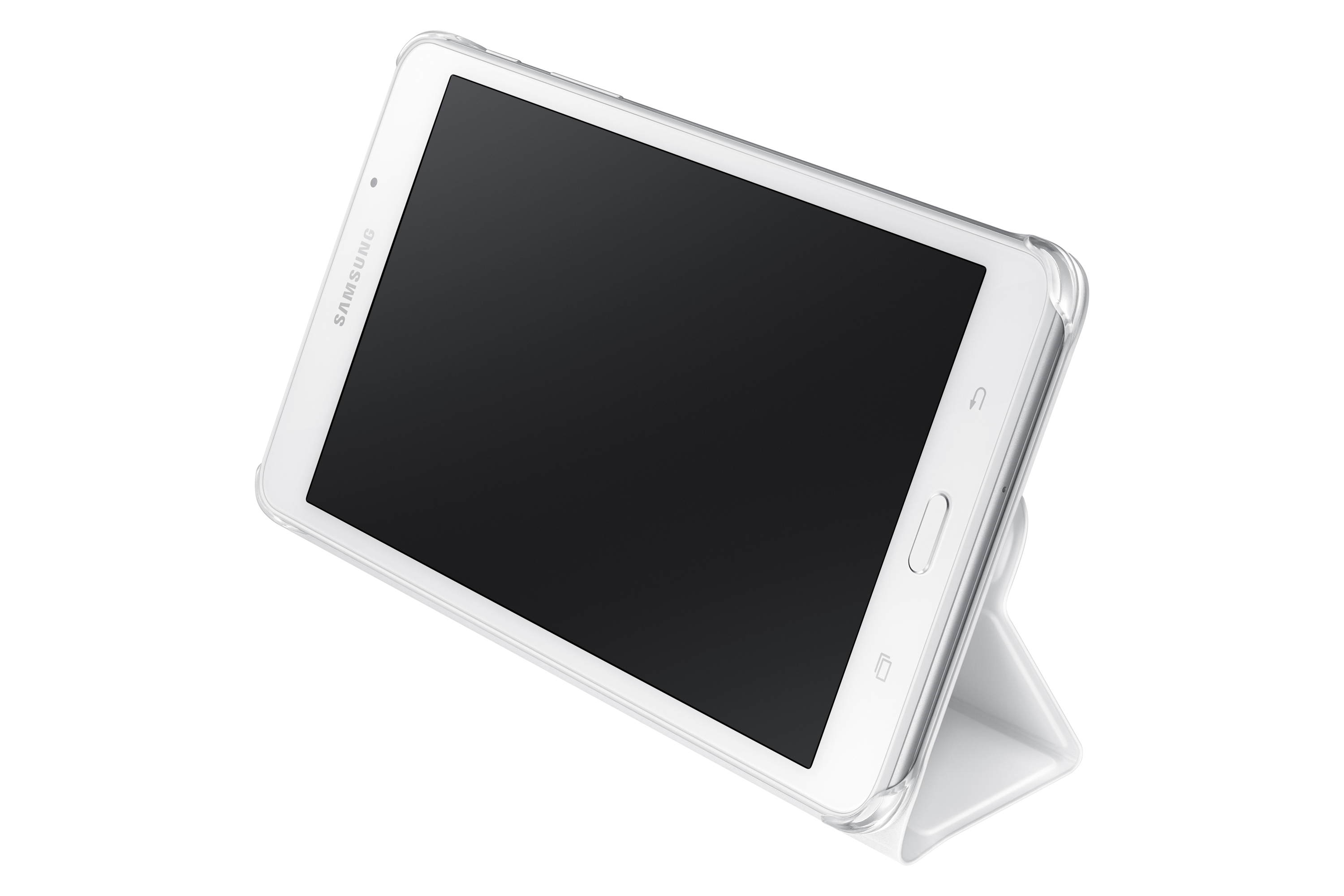 Tablet bianco in una custodia trasparente. È in posizione verticale con un supporto. Lo schermo è nero.