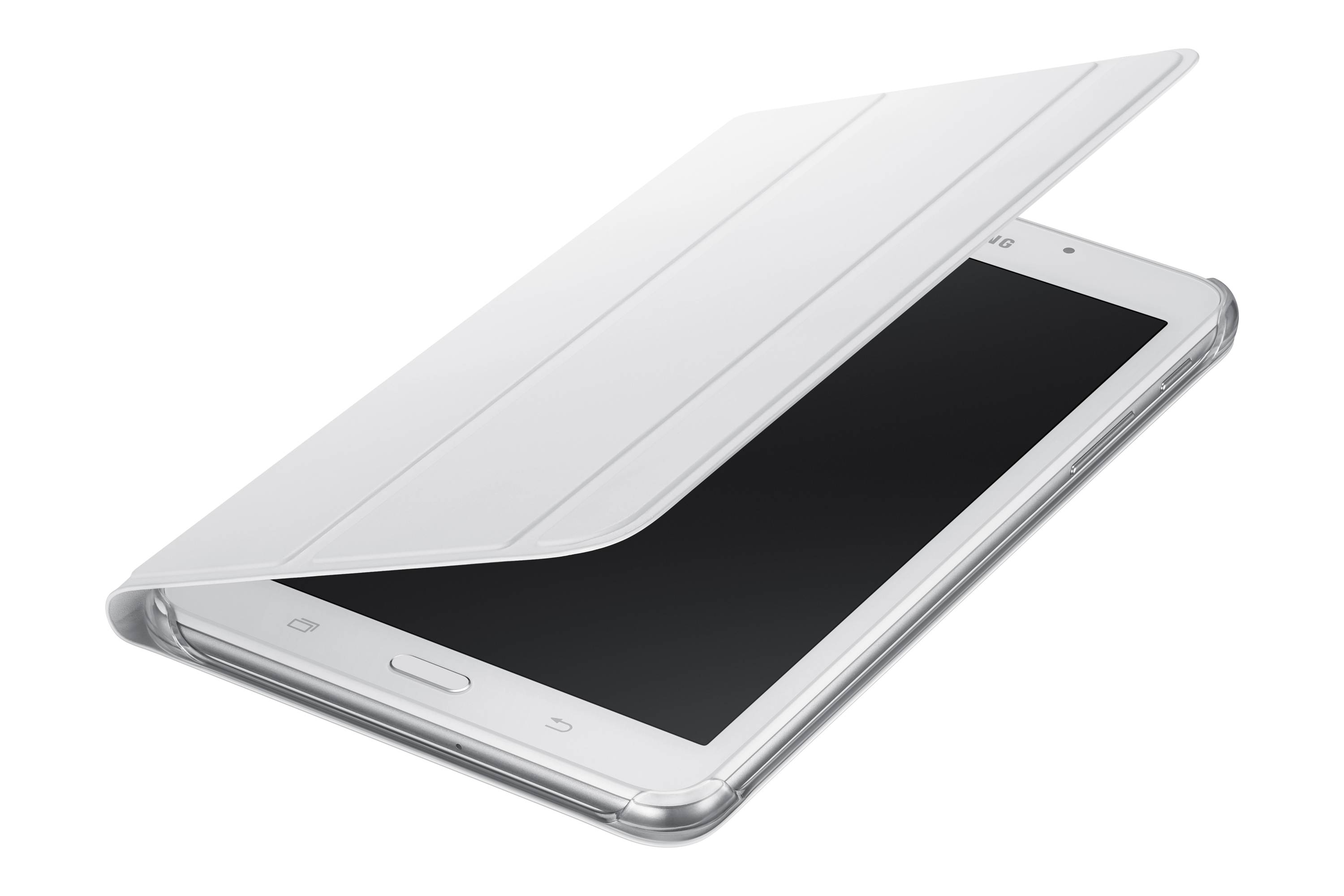 Tablet bianco con custodia, schermo rivolto verso l'alto. Sfondo bianco, buona illuminazione.