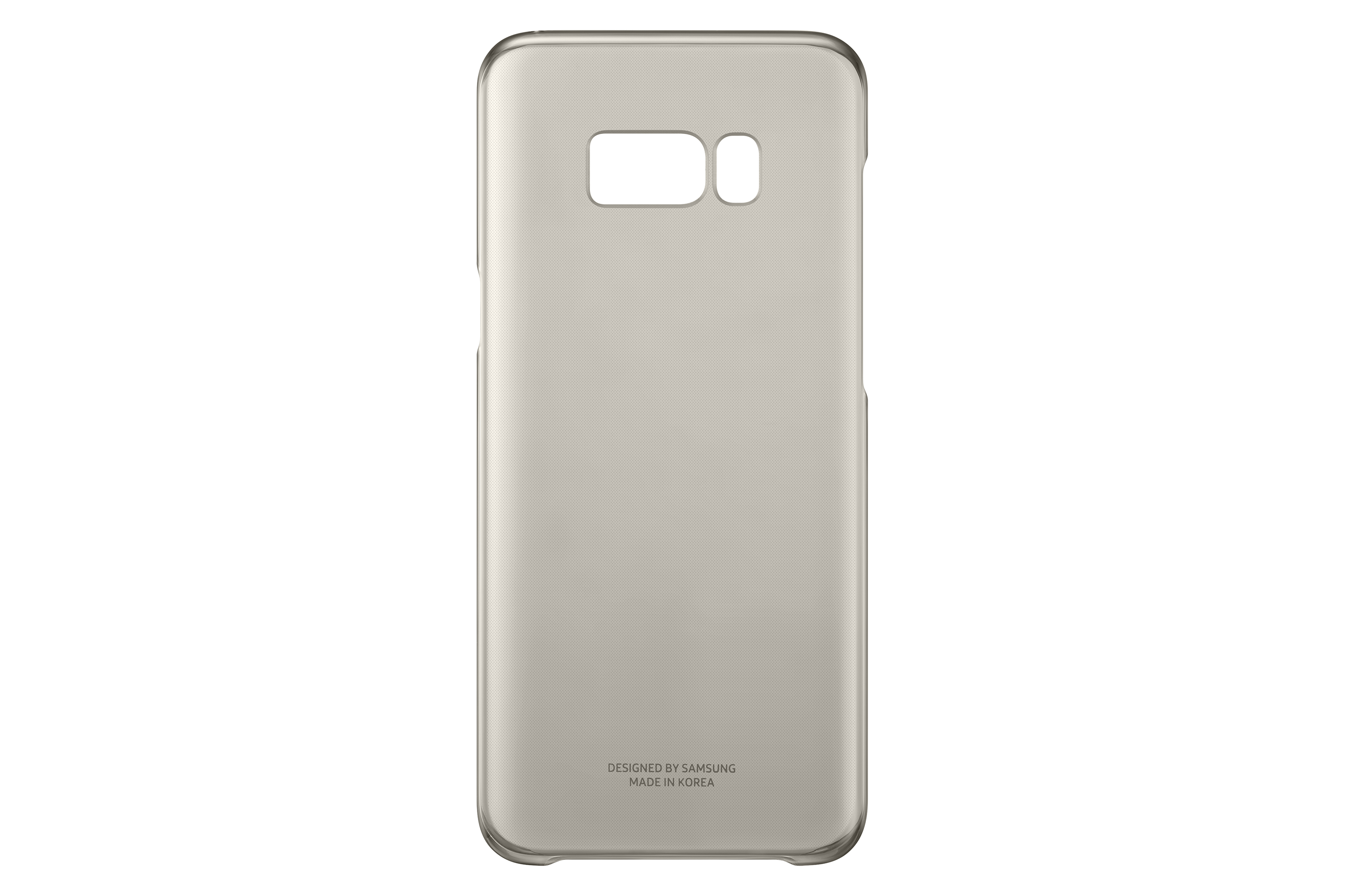 Custodia per telefono trasparente argentata. Ritagli rettangolari per la fotocamera. 'Designed by Samsung' in basso.