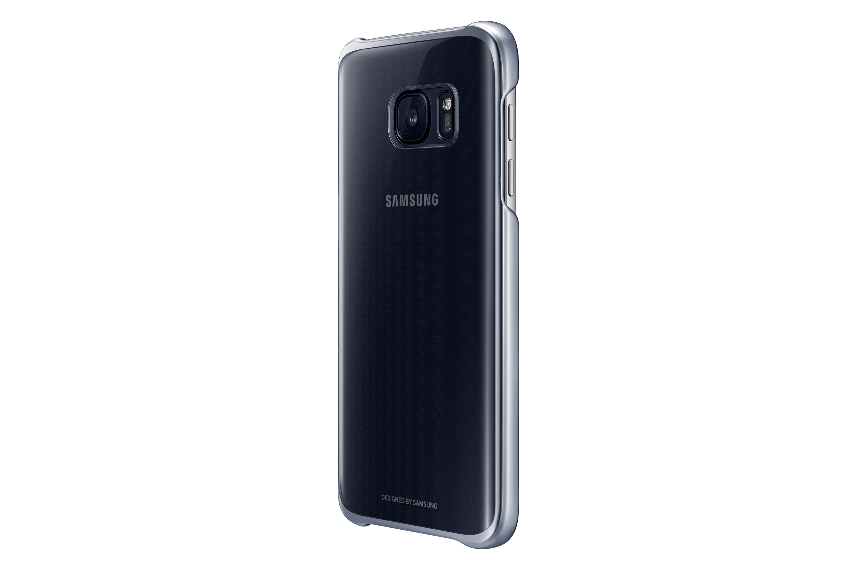 Smartphone nero in una custodia trasparente, ruotato per mostrare la fotocamera, il logo Samsung e i pulsanti laterali.