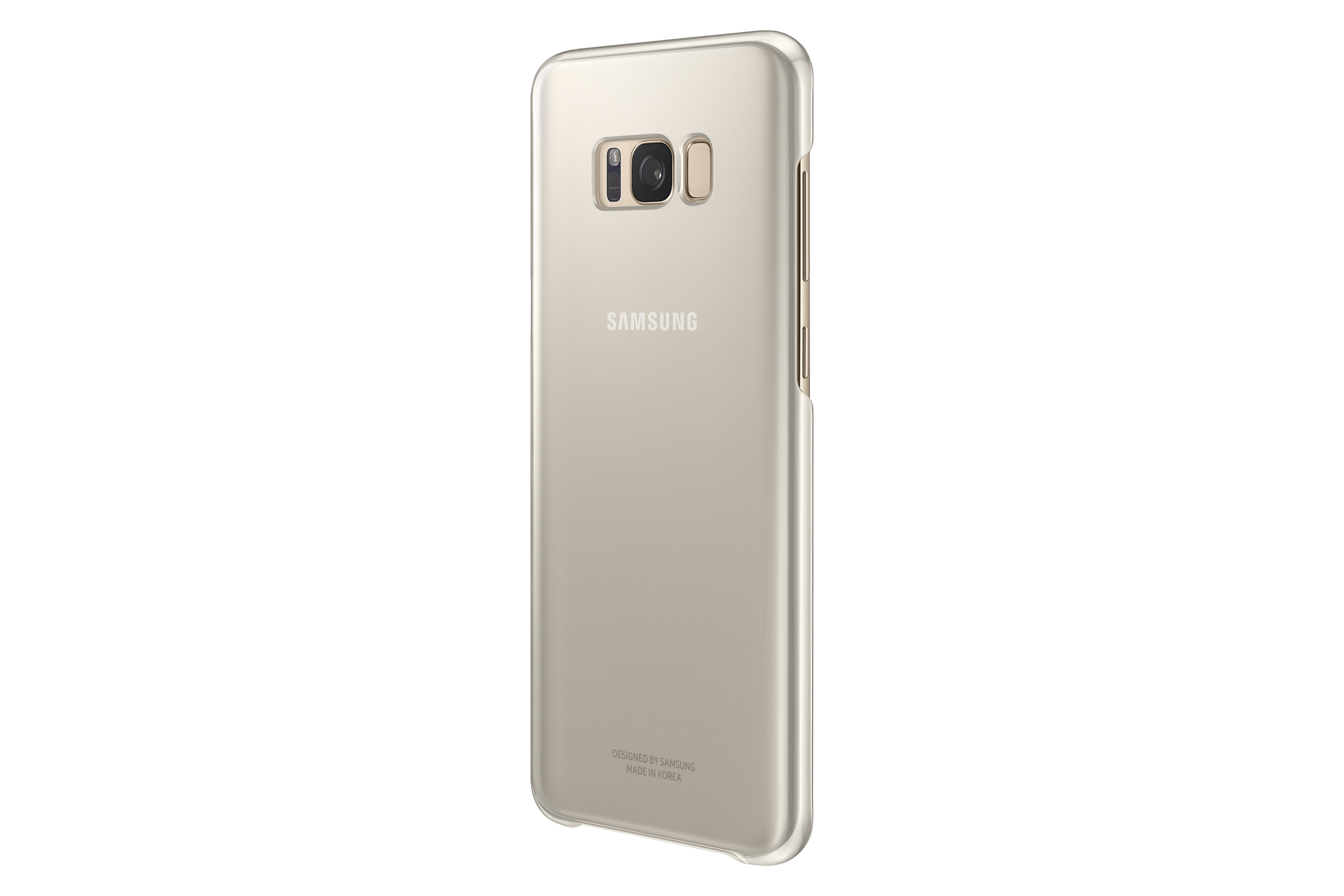 Telefono Samsung dorato, custodia trasparente. Fotocamera e logo Samsung visibili.