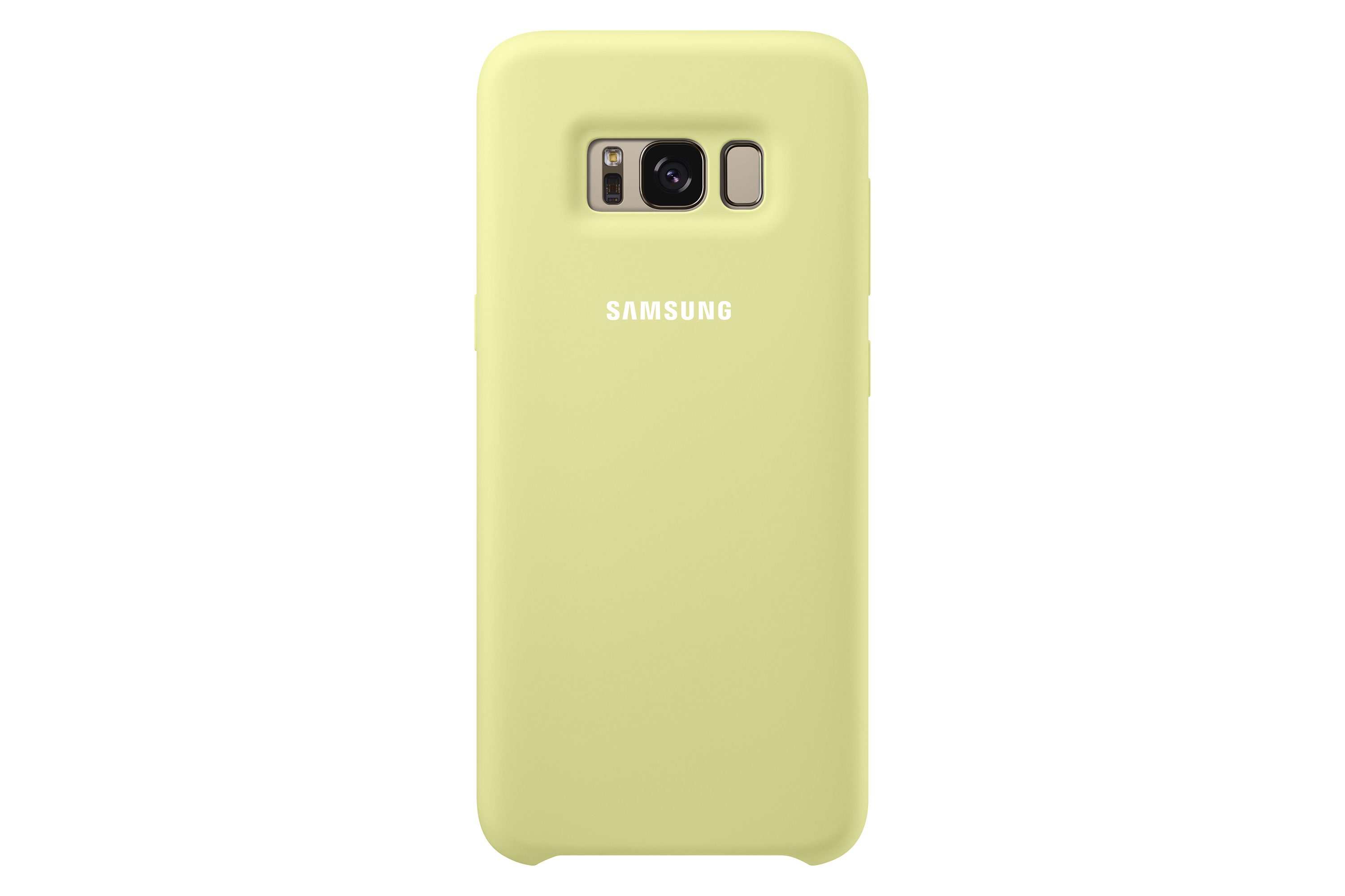 Custodia gialla per telefono con logo Samsung. Sfondo bianco.