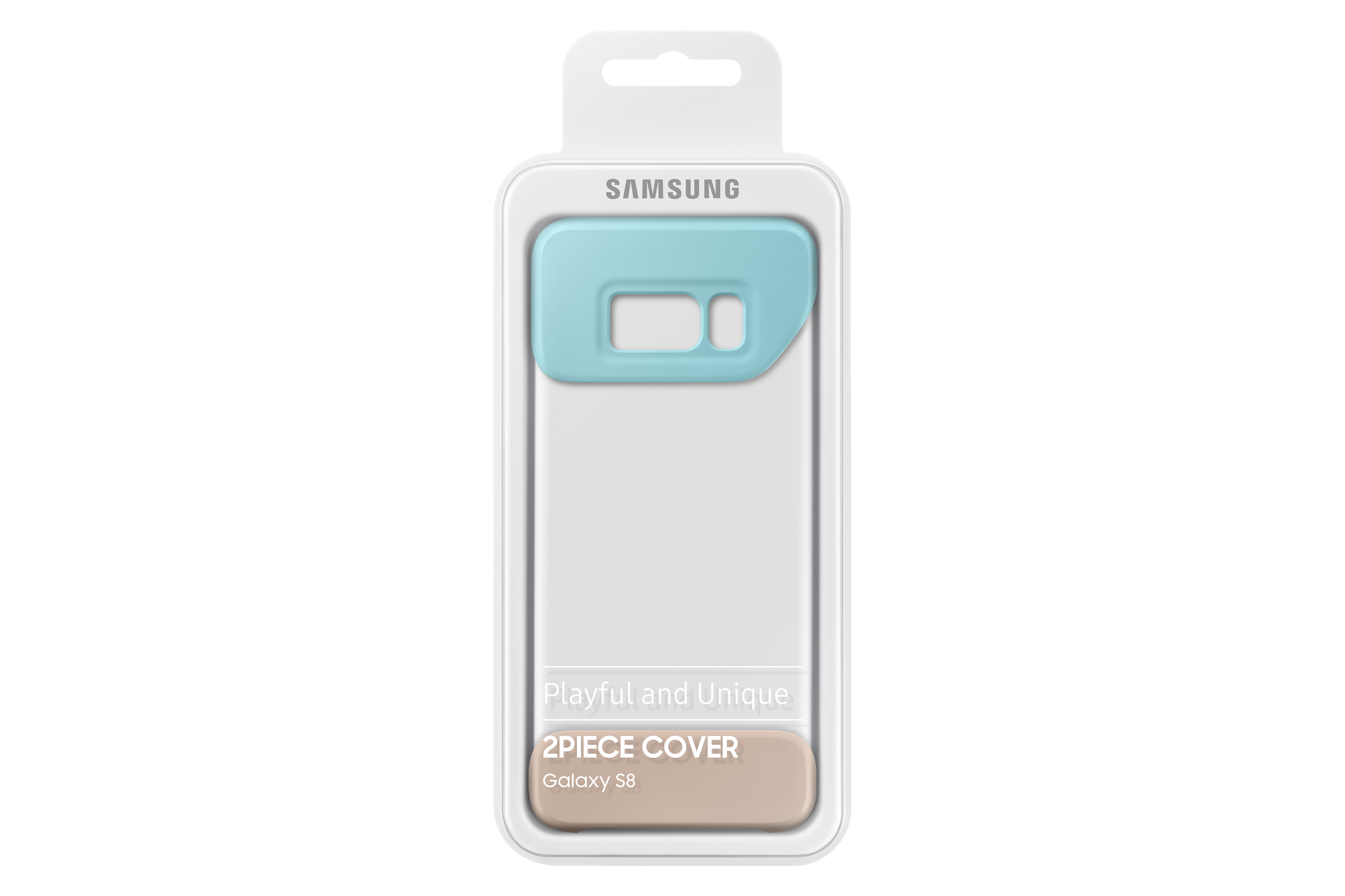 Embalaje para una funda de teléfono de 2 piezas, con un diseño azul y beige, etiquetado 'Galaxy S8'.