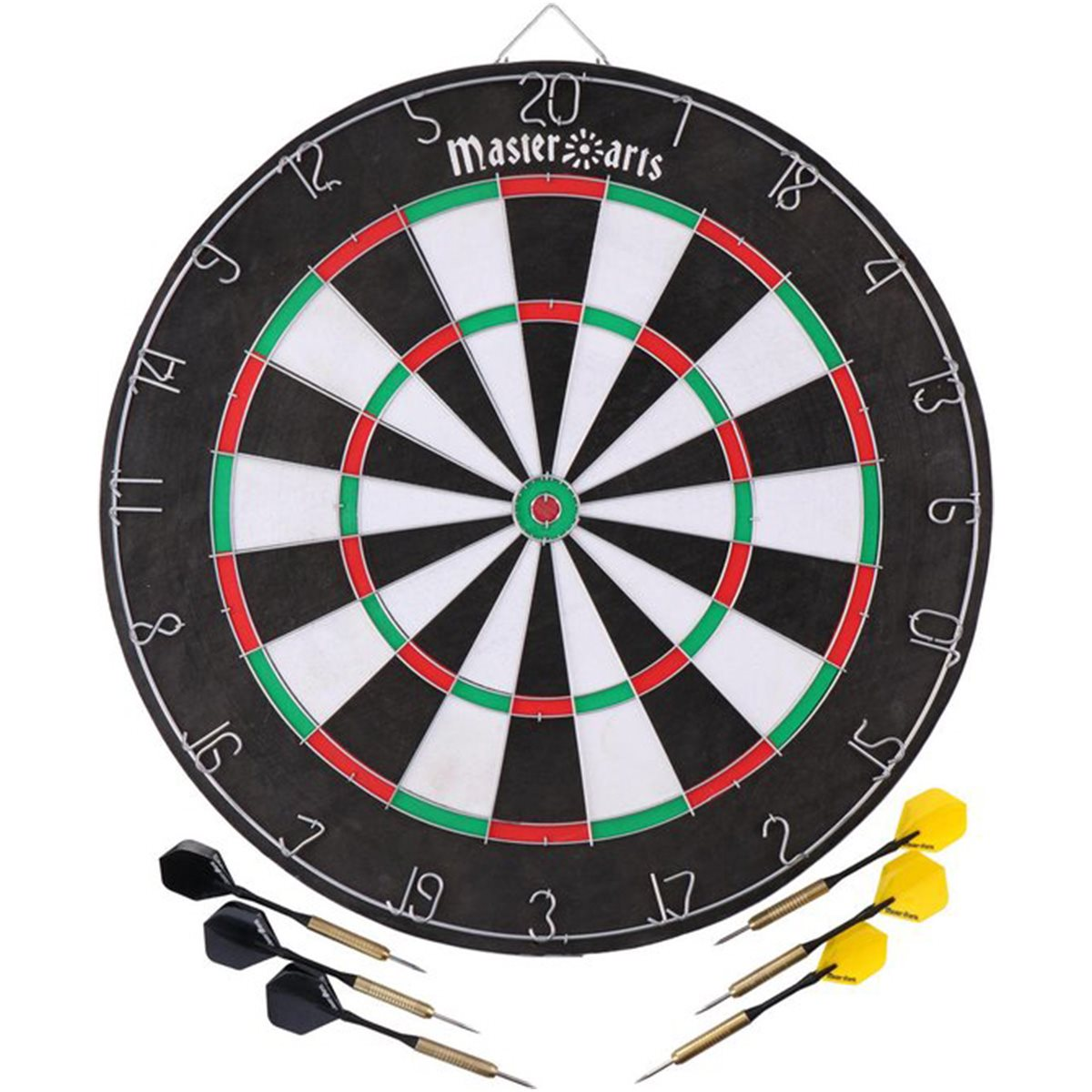Dartbord met darts. Het bord is zwart met rode en groene accenten. Darts zijn geel en zwart.