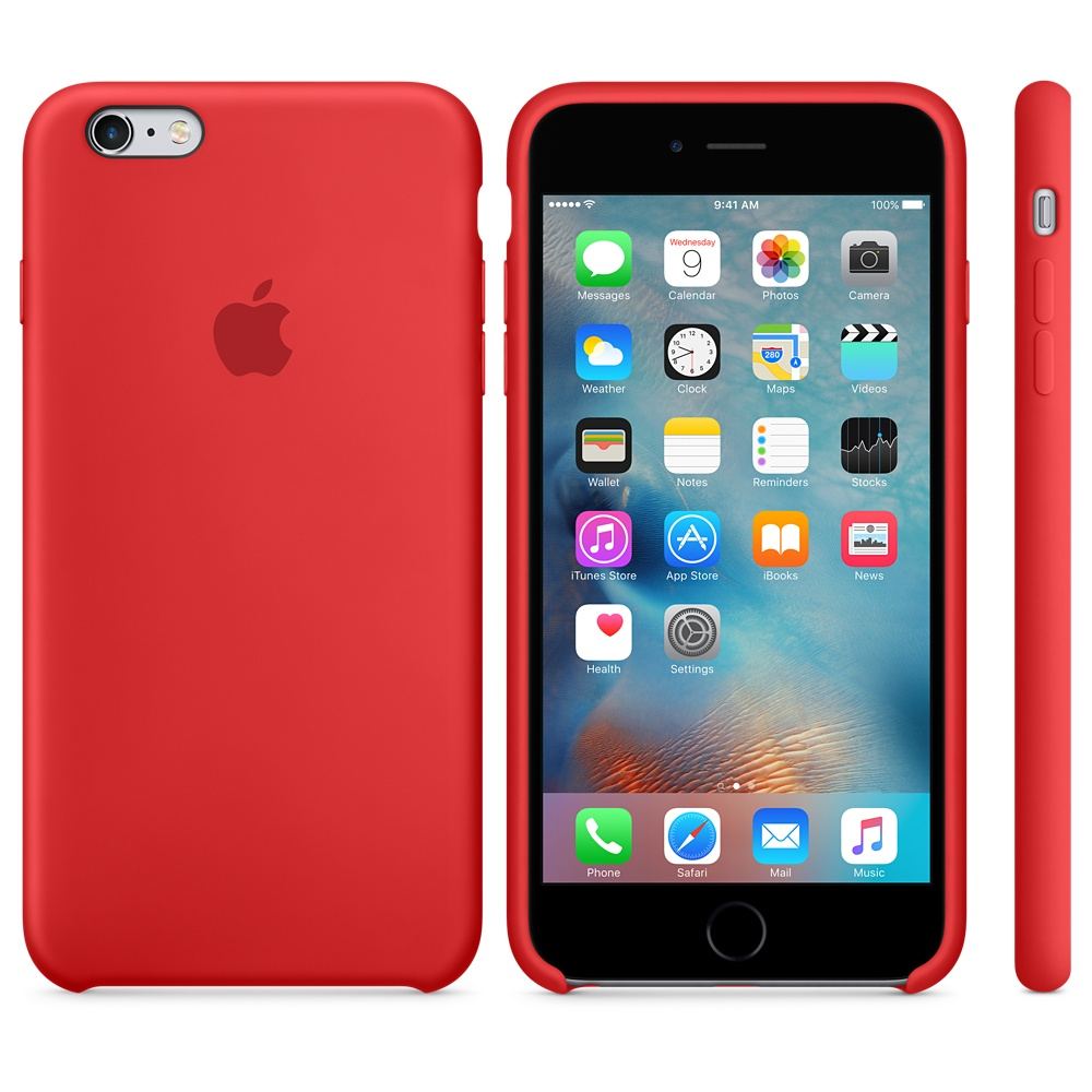 Rote Telefonhülle und weißes iPhone mit Apps auf dem Bildschirm. Weißer Hintergrund.