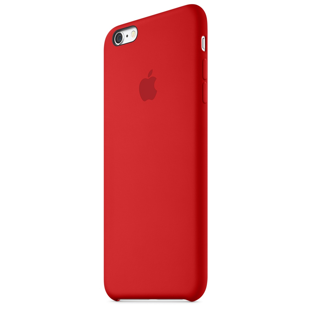 Rote Telefonhülle mit Apple-Logo. Abgewinkelte Rückansicht, weißer Hintergrund.