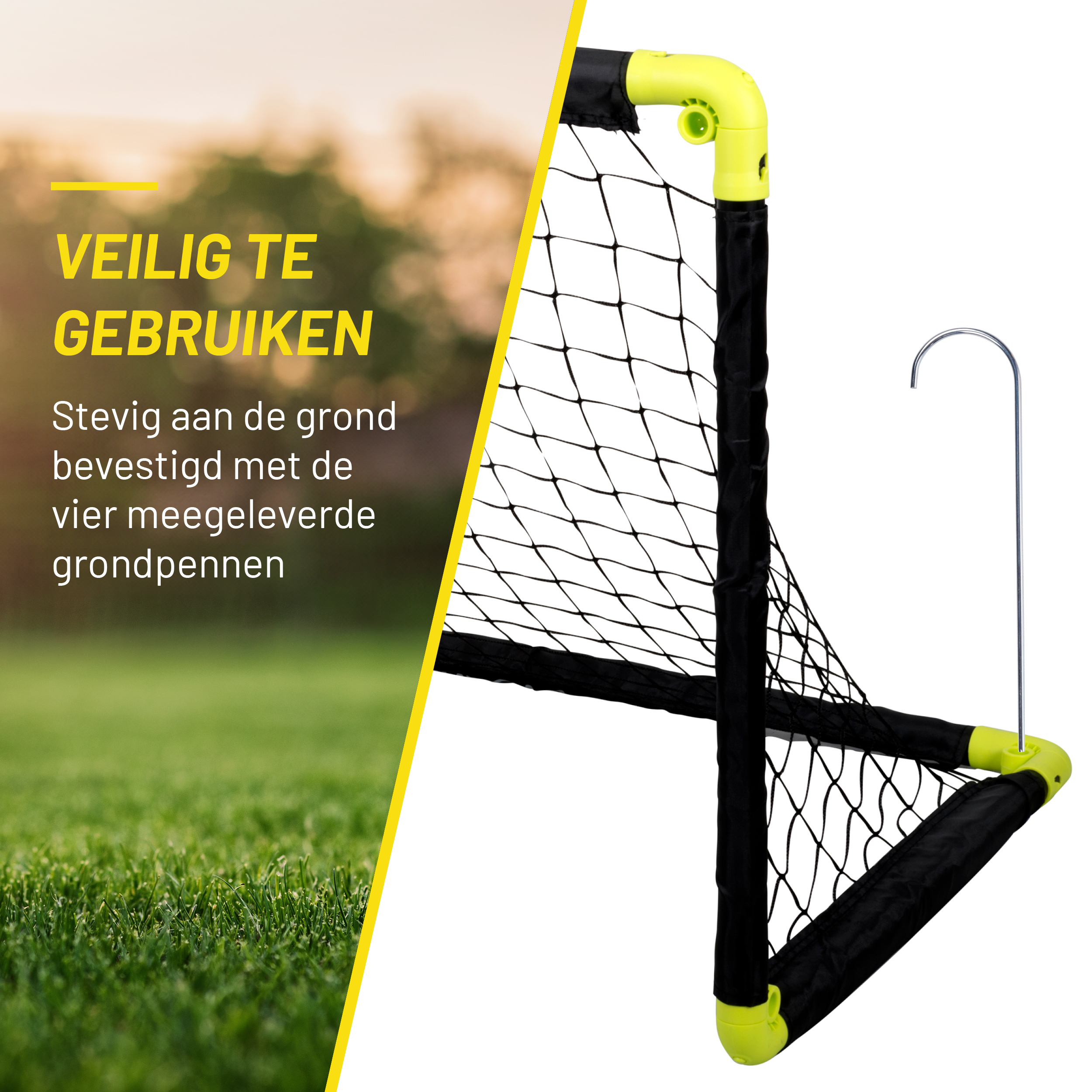 Ein Fussballtor auf einem grünen Feld. Text sagt 'Sicher zu verwenden'.