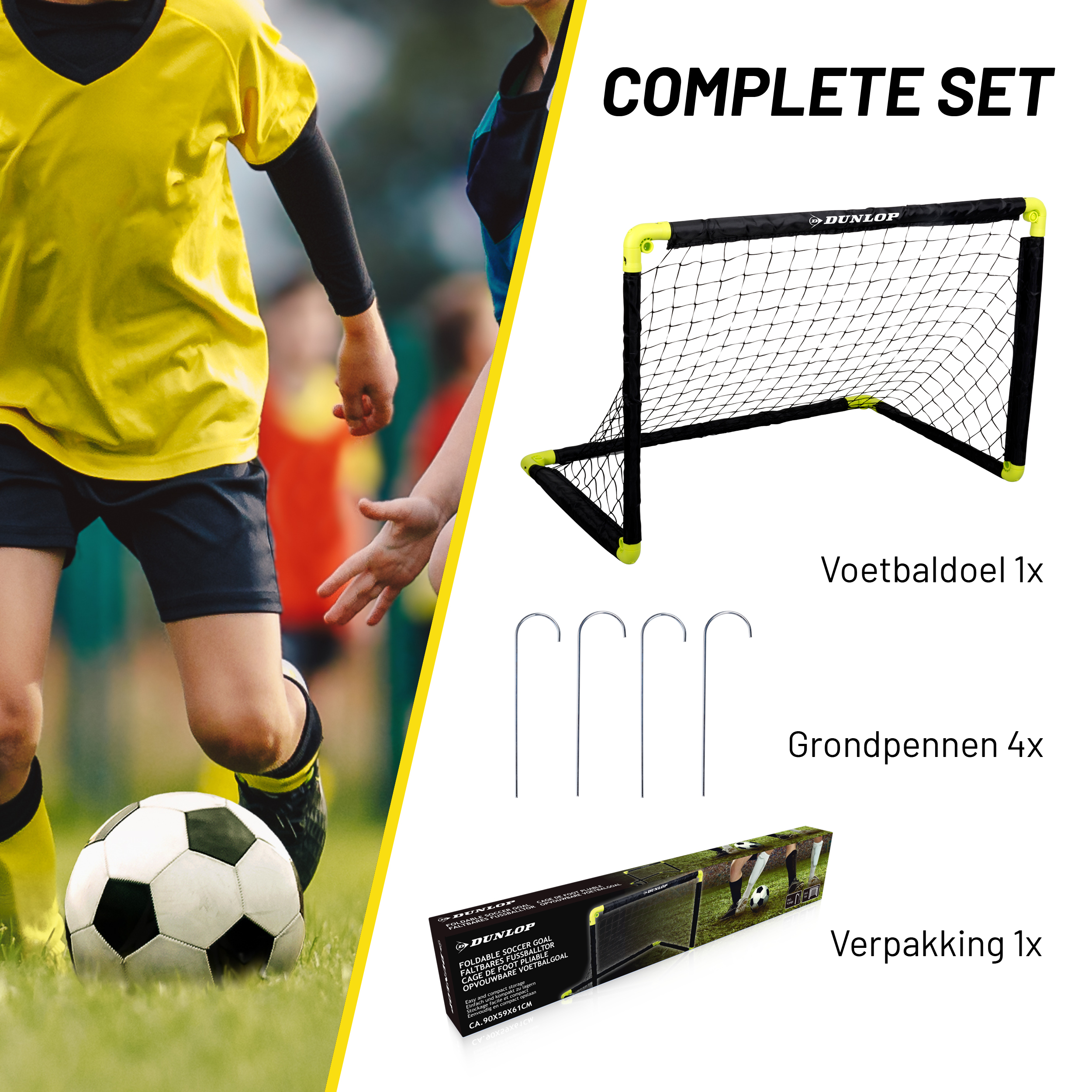 Ein Fußballtor mit Fußball, Bodennägeln und Verpackung auf einem Feld.