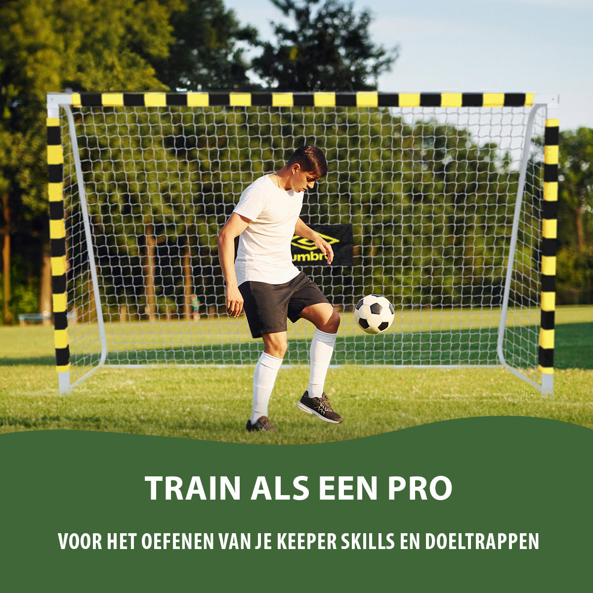 Man kicking a soccer ball towards a goal. Text says 'Train like a pro'.