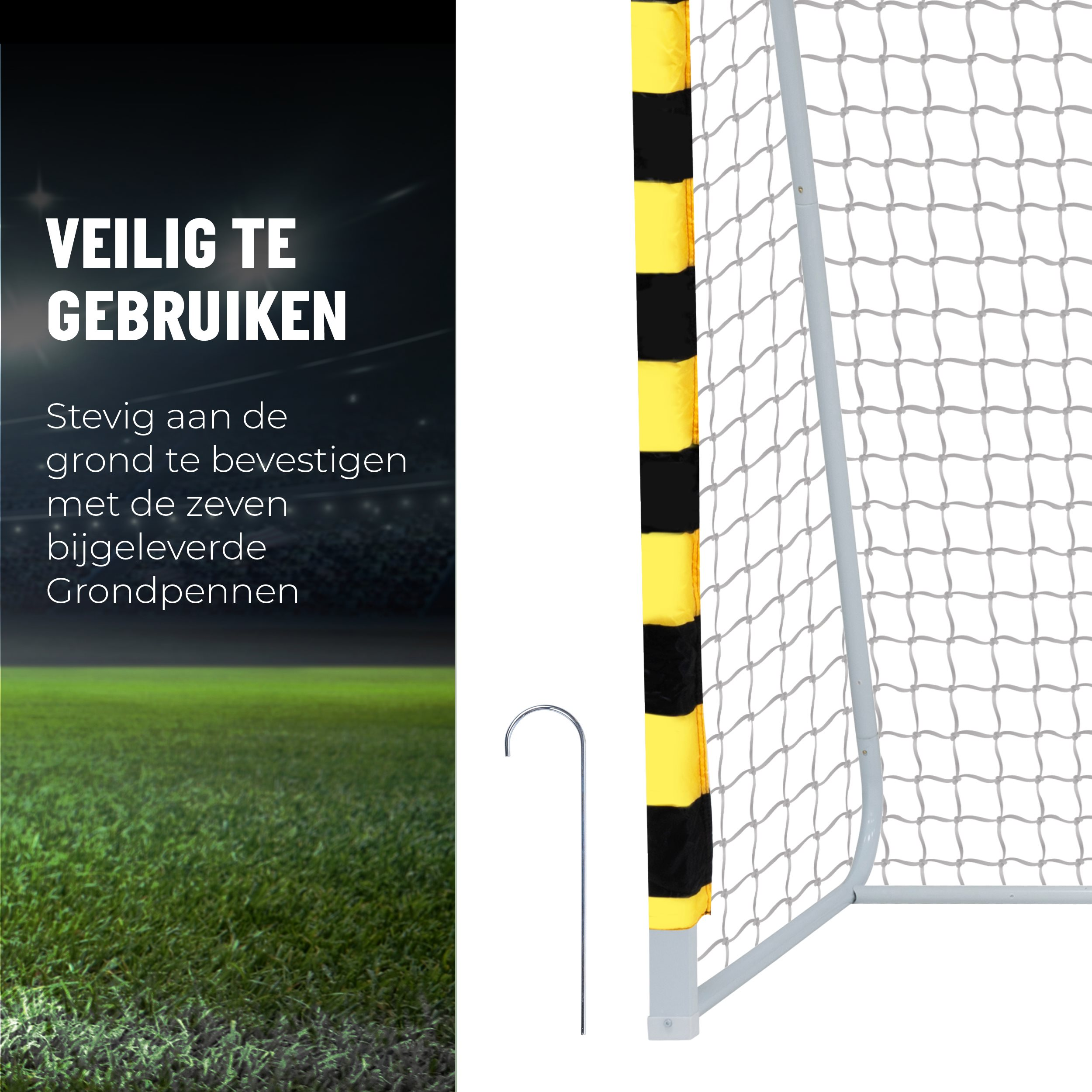 A soccer goal is on a green field with black and yellow stripes on the posts.
