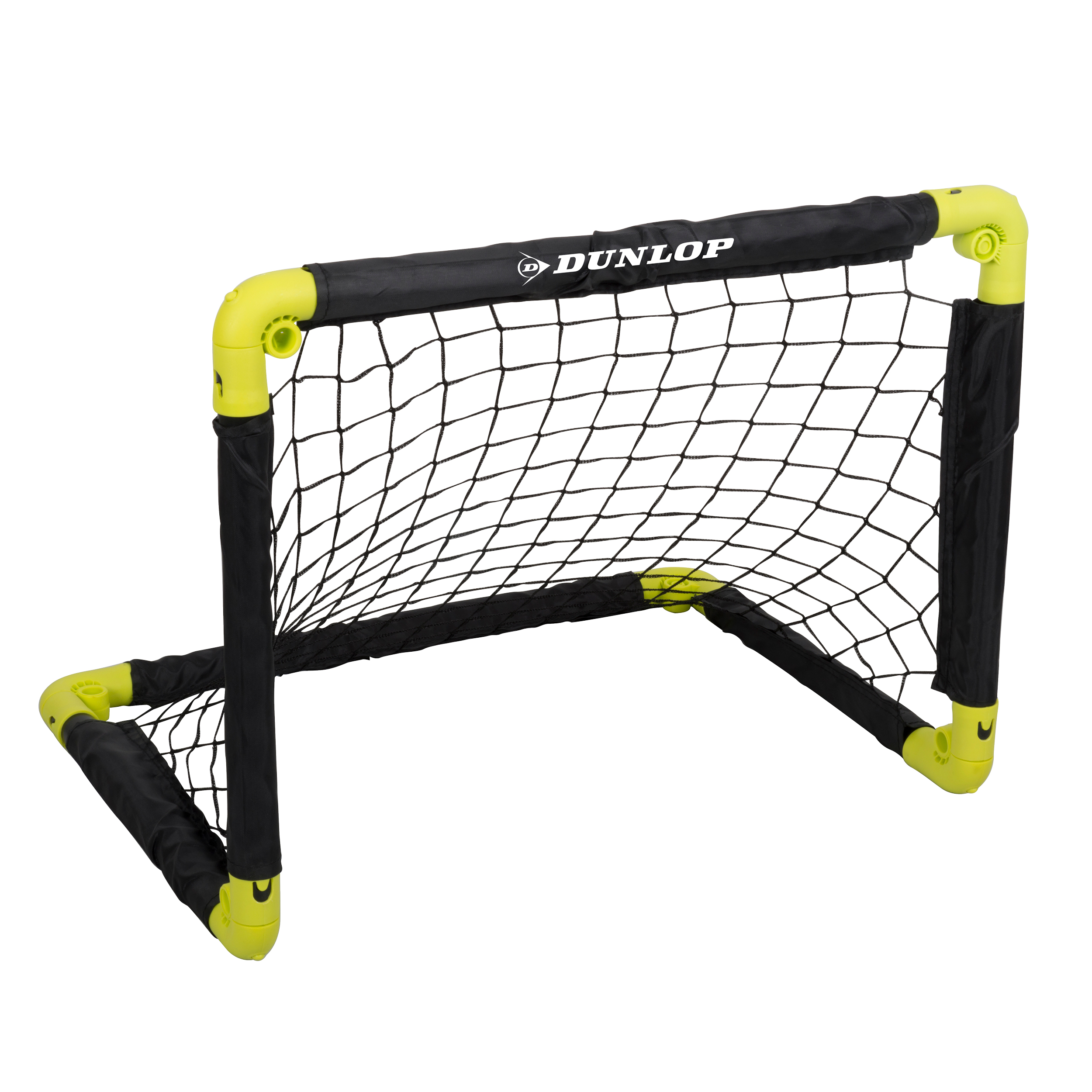 Een klein voetbaldoel met zwart net en geel frame, merk Dunlop. Het net heeft een Dunlop-logo.