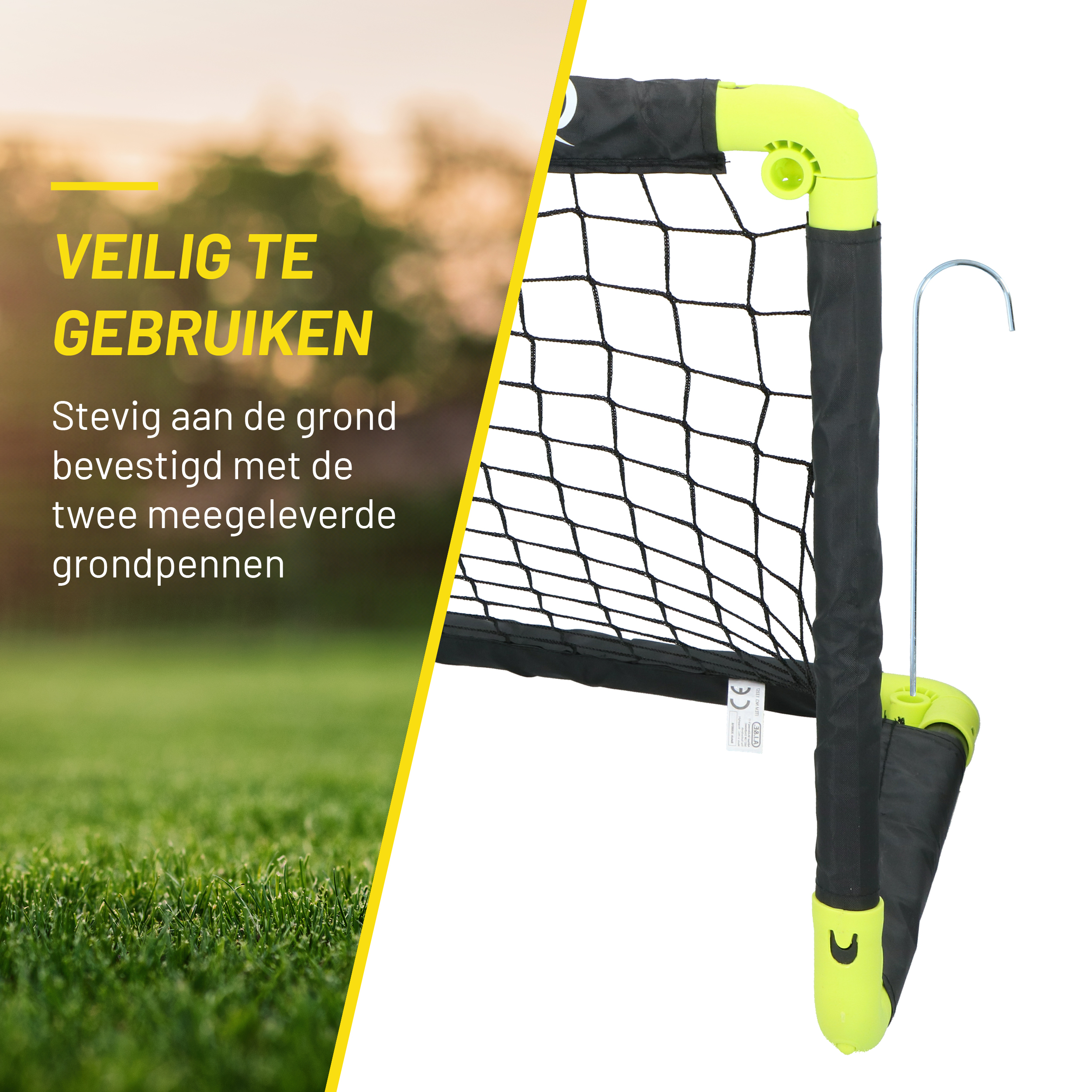 Close-up van een voetbalgoalnet en frame met een haak, op een groene veldachtergrond.