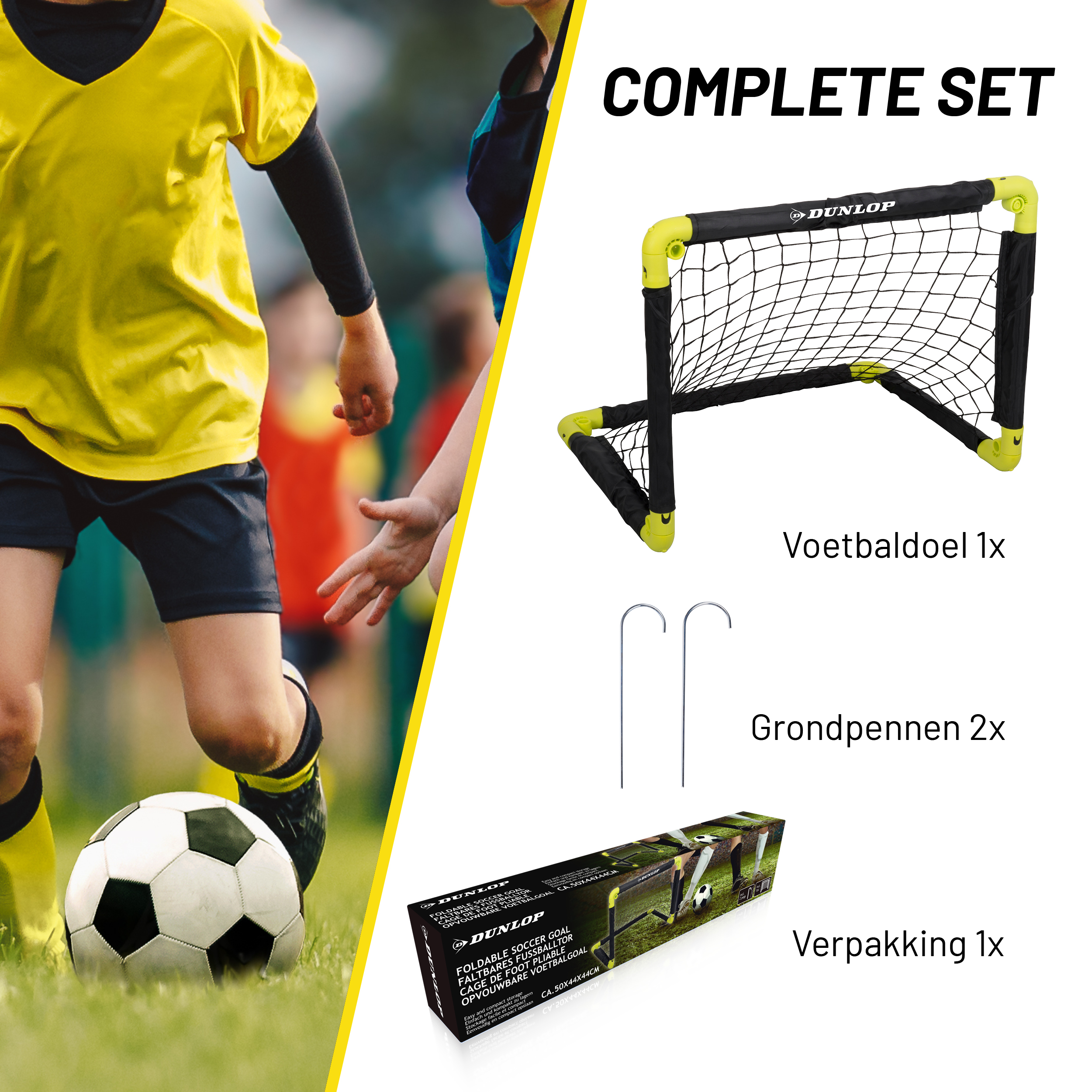 Een voetbaldoel met tekst. Een voetbal en verpakking. Tekst: Complete set.
