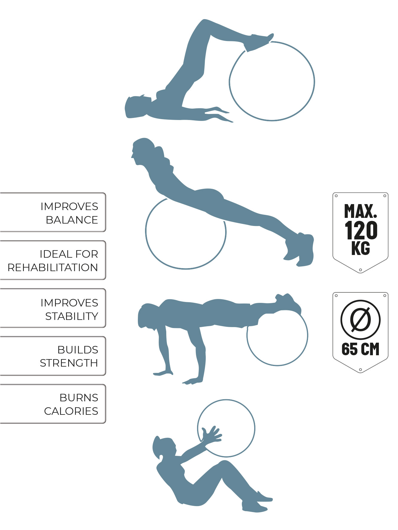 Silhouettes of people exercising with a large exercise ball. Shows different exercises.