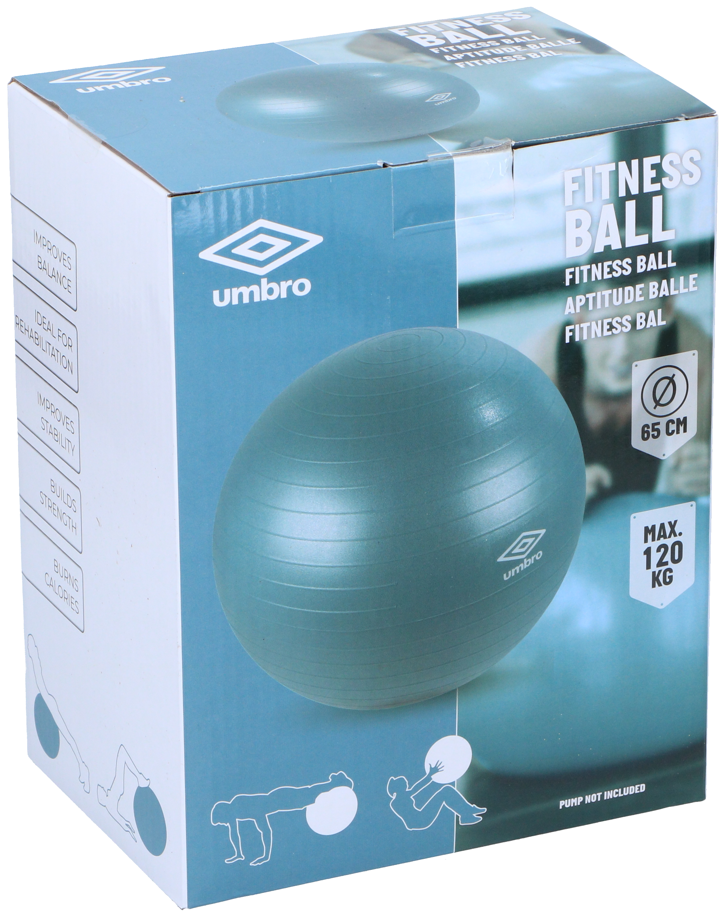 Boxed fitness ball, with diagrams and text.