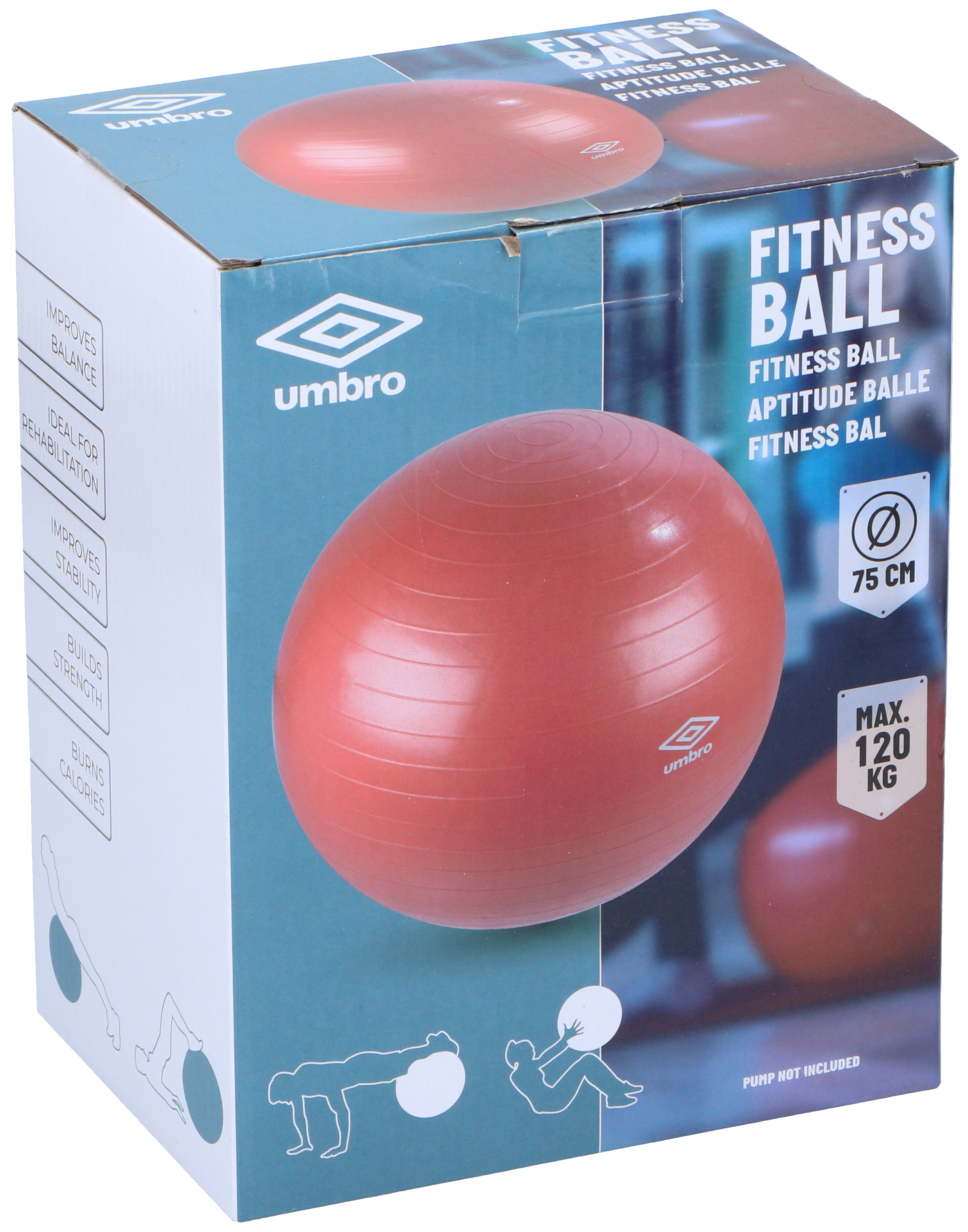 Box with a red fitness ball. It has text: Fitness Ball, Umbro logo, and size info.