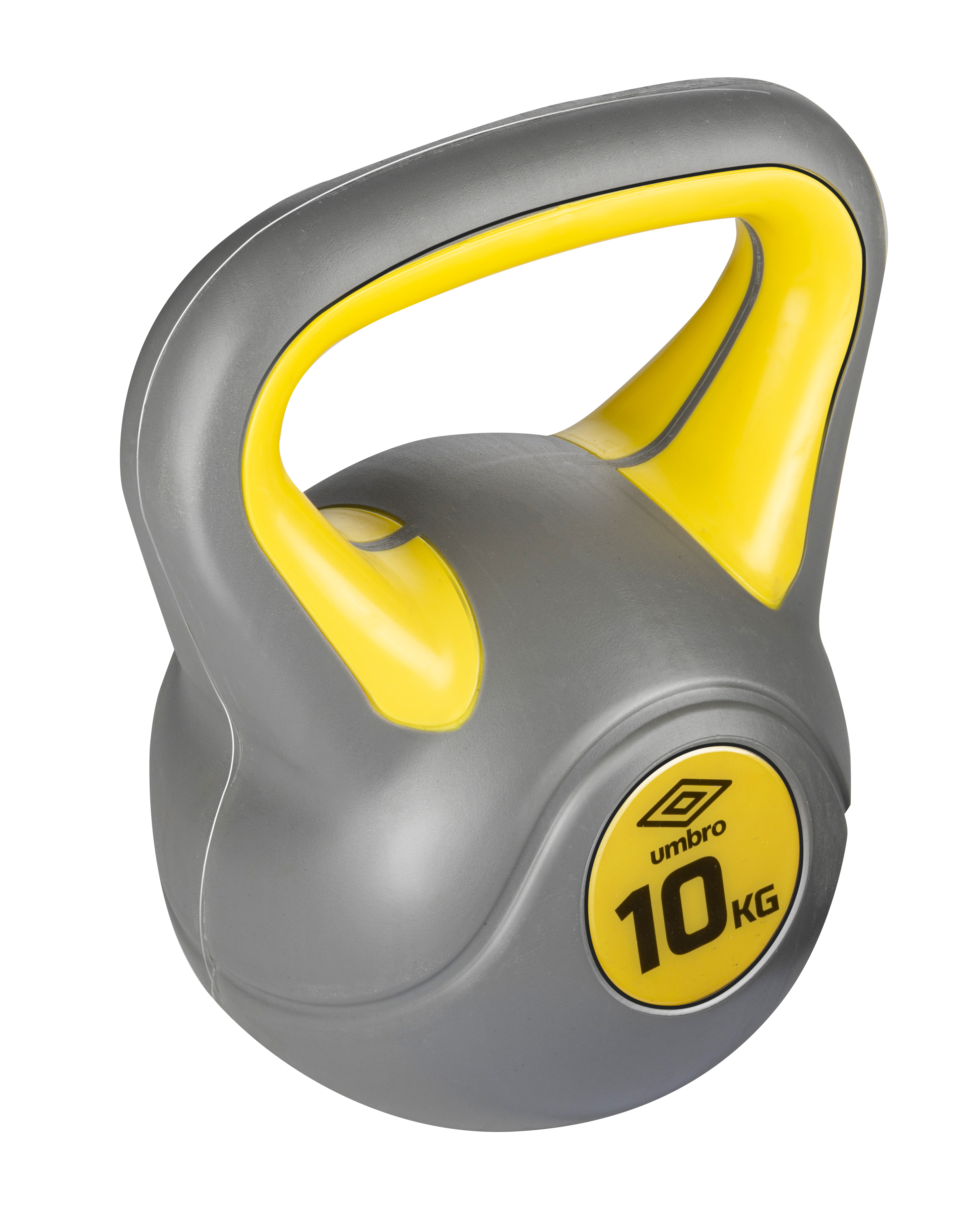 Un kettlebell gris avec une poignée et une bordure jaunes. Il a le logo Umbro noir et jaune et dit 10 kg.